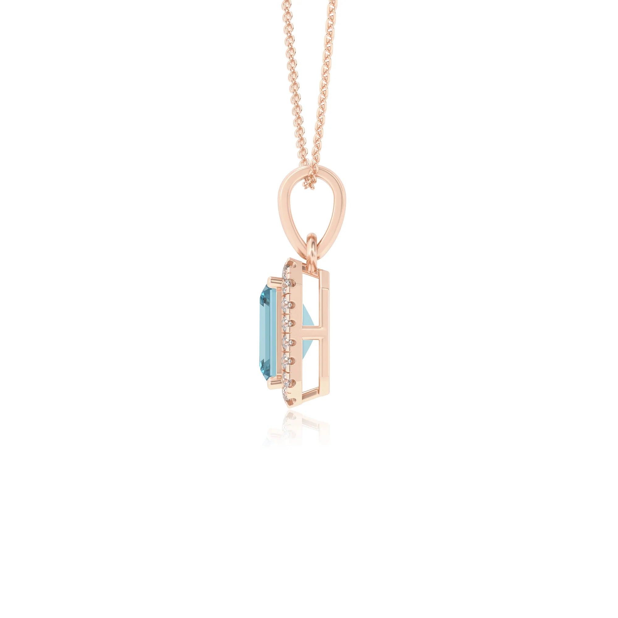 lab grown aquamarine emerald cut solitaire necklaces in rose gold