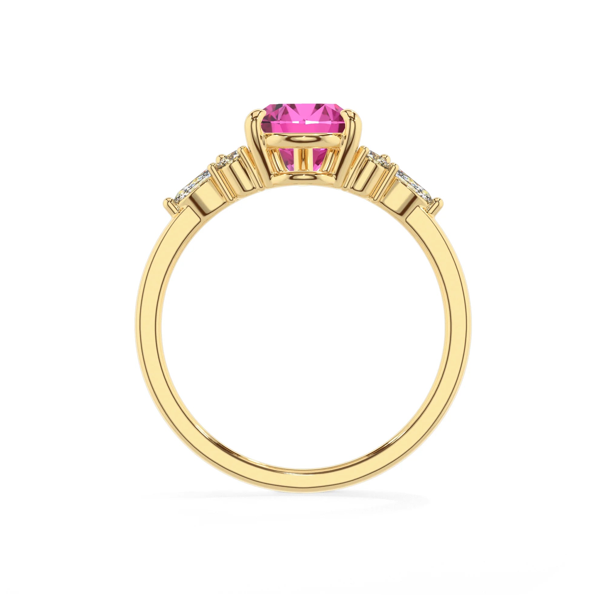 lab grown pink-sapphire pear solitaire rings in yellow gold
