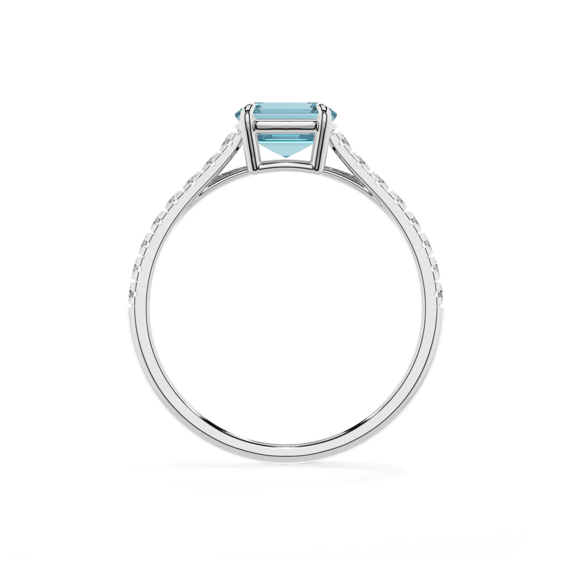 lab grown aquamarine emerald cut half eternity solitaire engagement rings in sterling silver
