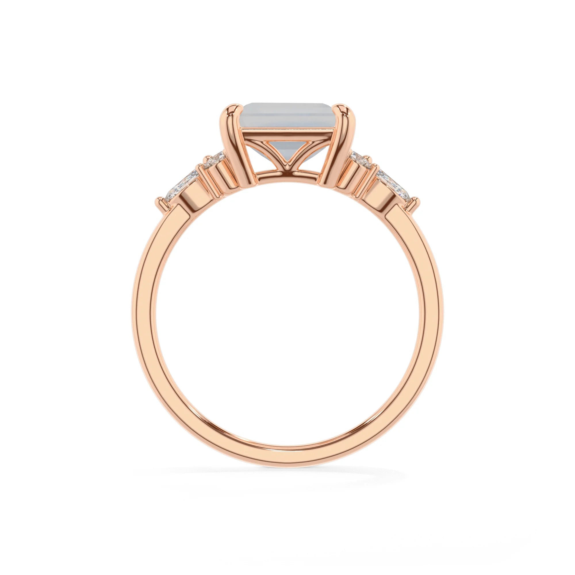natural rainbow-moonstone emerald cut solitaire rings in rose gold