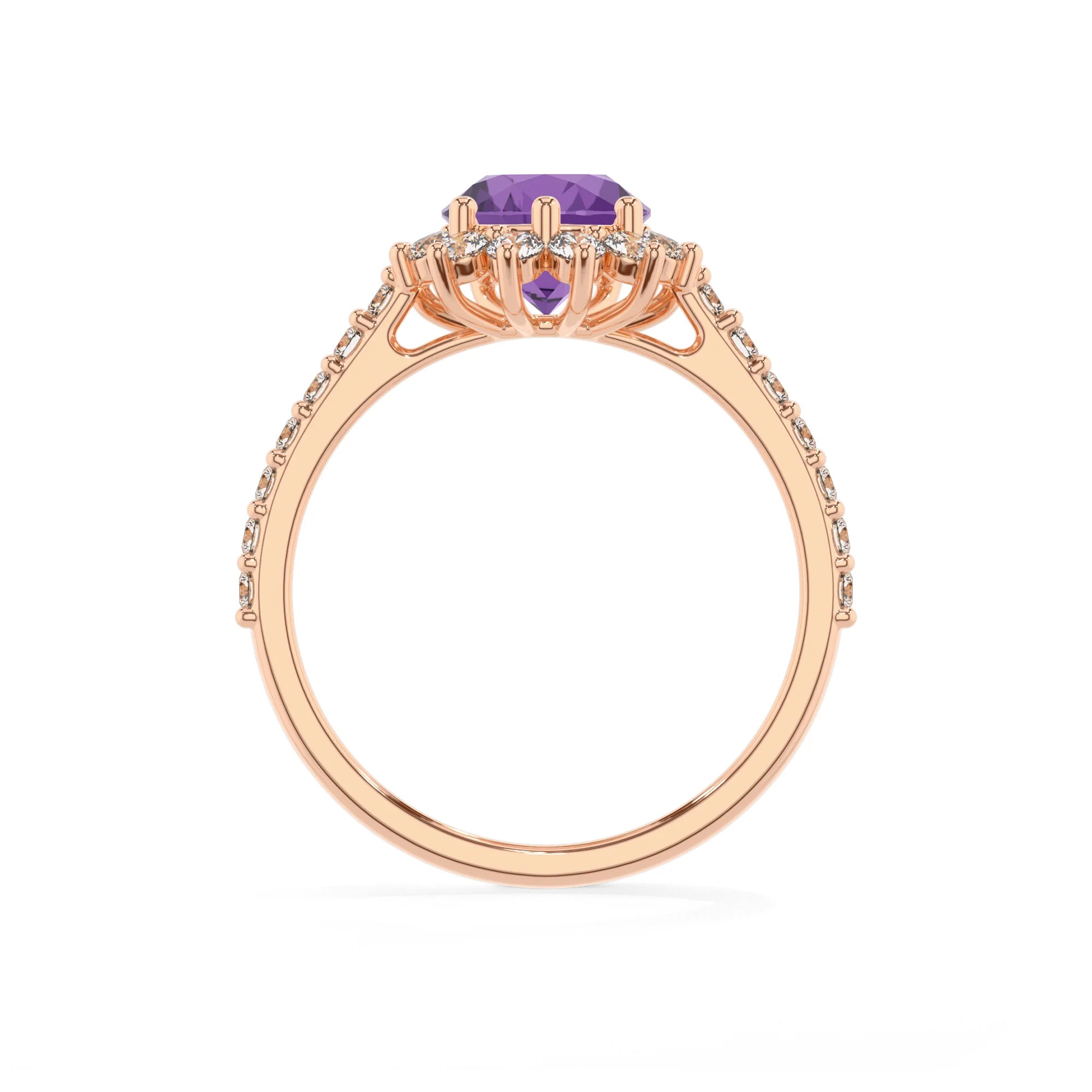 lab grown amethyst pear solitaire rings in rose gold