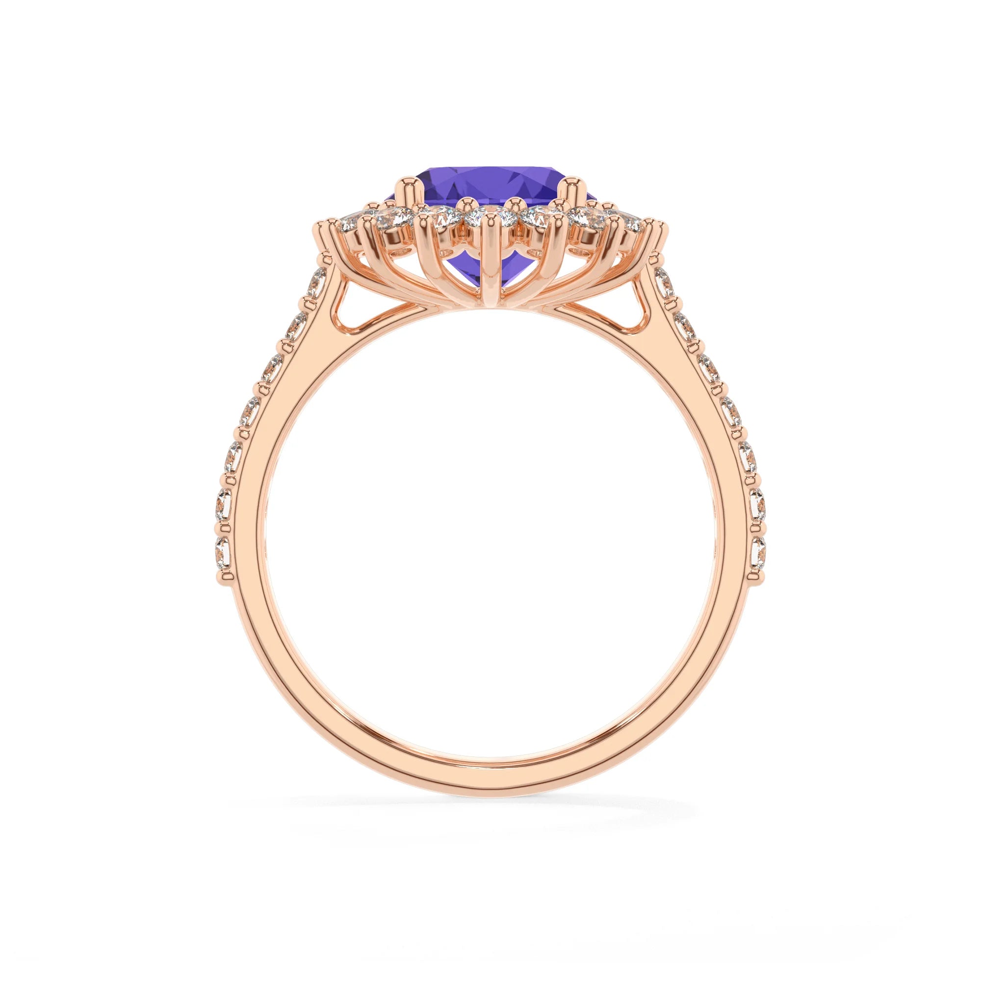 lab grown tanzanite round solitaire rings in rose gold