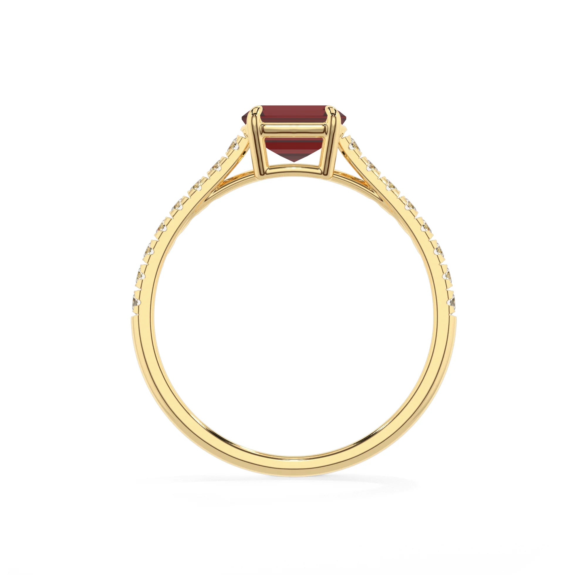 natural garnet emerald cut half eternity solitaire engagement rings in yellow gold