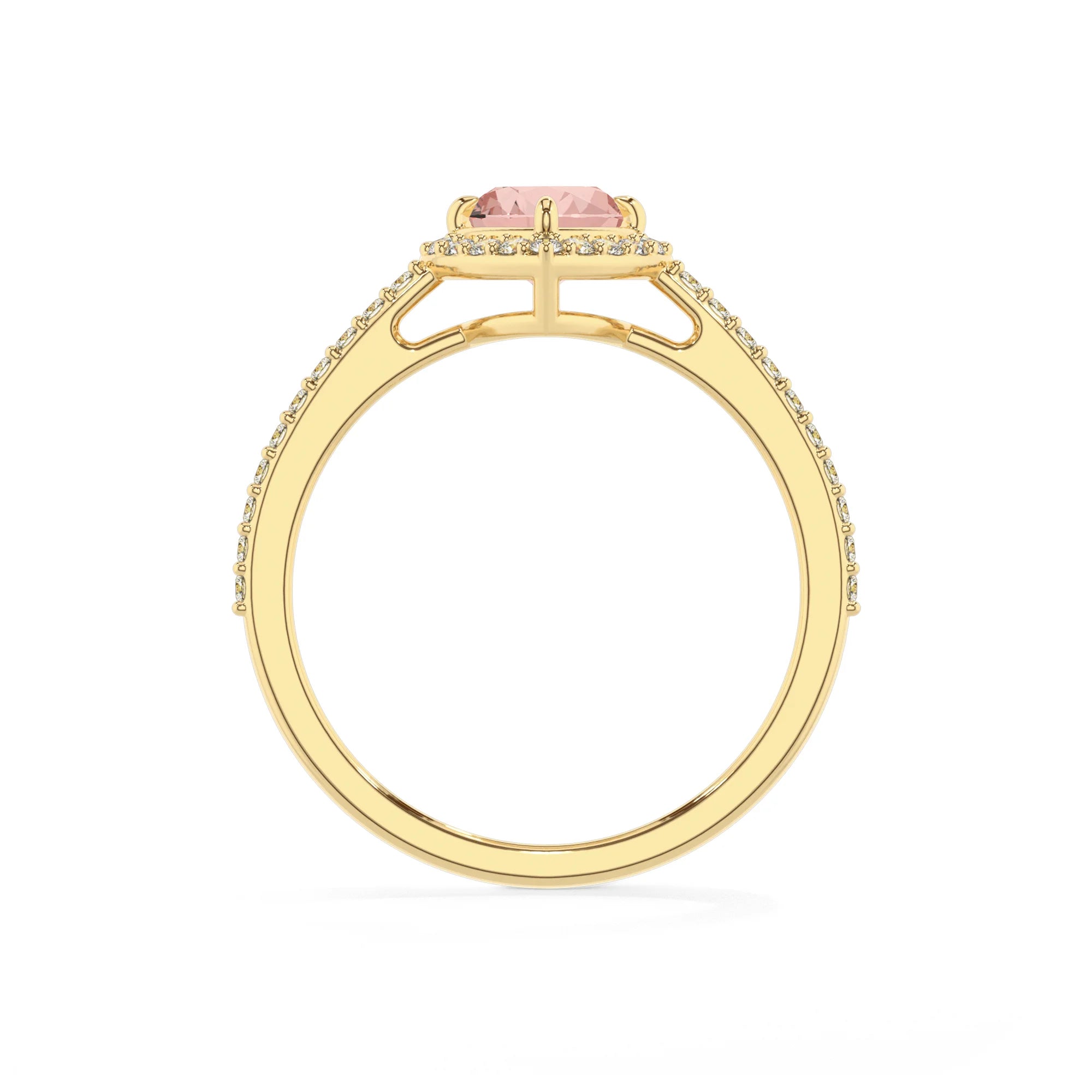 lab grown morganite heart solitaire rings in yellow gold