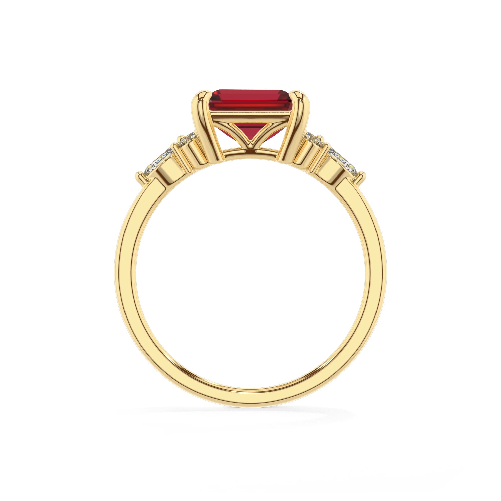 lab grown ruby emerald cut solitaire rings in yellow gold