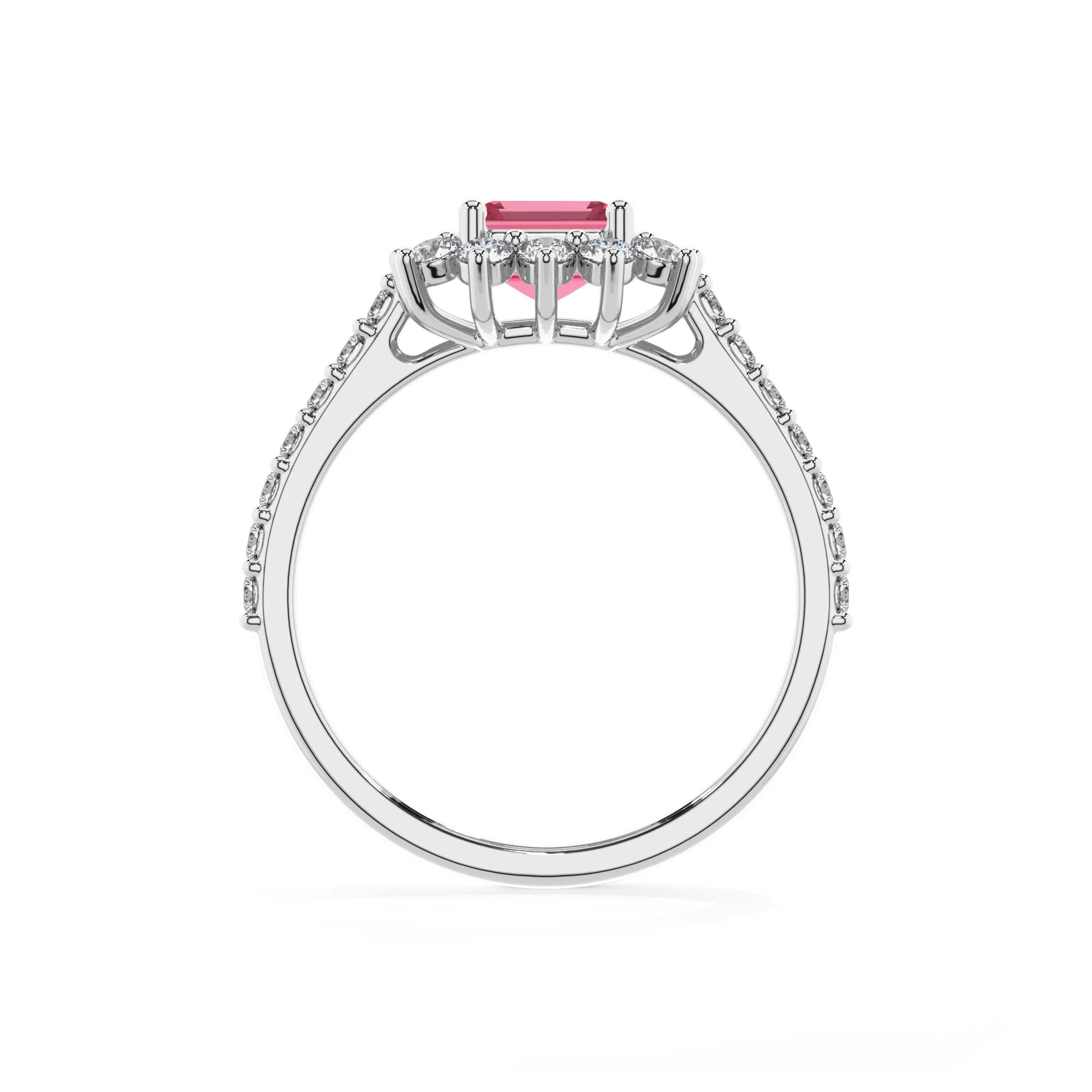 lab grown pink-tourmaline emerald cut solitaire rings in white gold