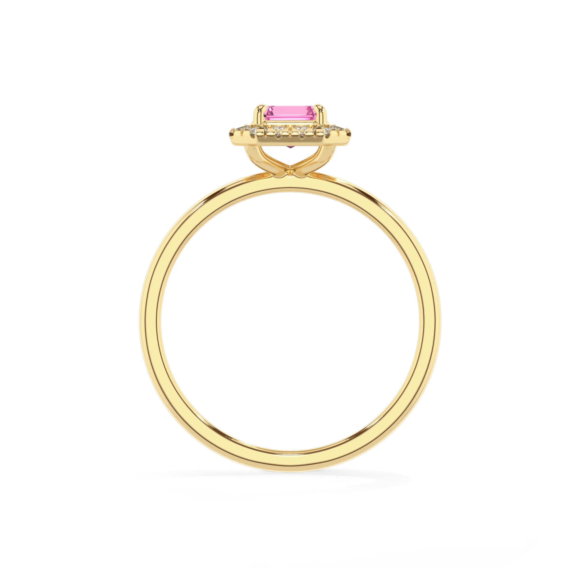 lab grown pink-sapphire emerald cut solitaire rings in yellow gold