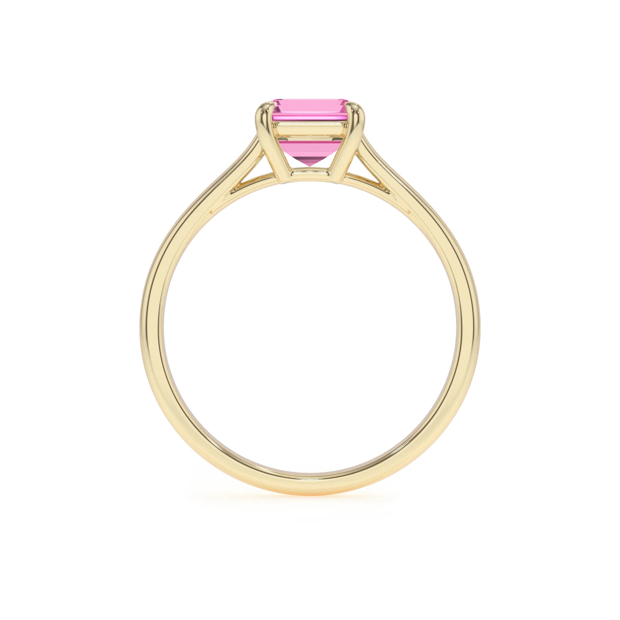 lab grown pink-sapphire emerald cut solitaire rings in yellow gold