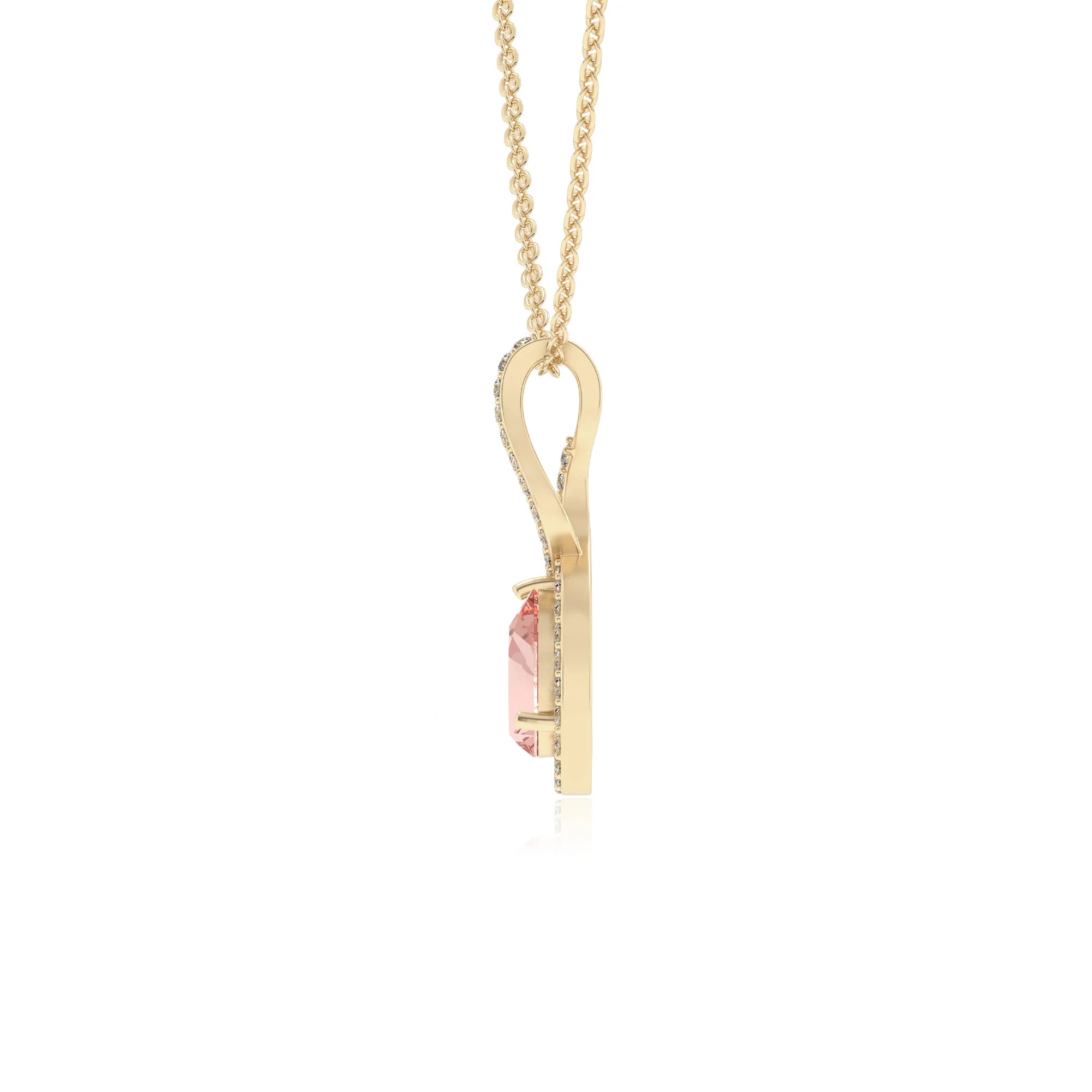 lab grown morganite pear necklaces in yellow gold