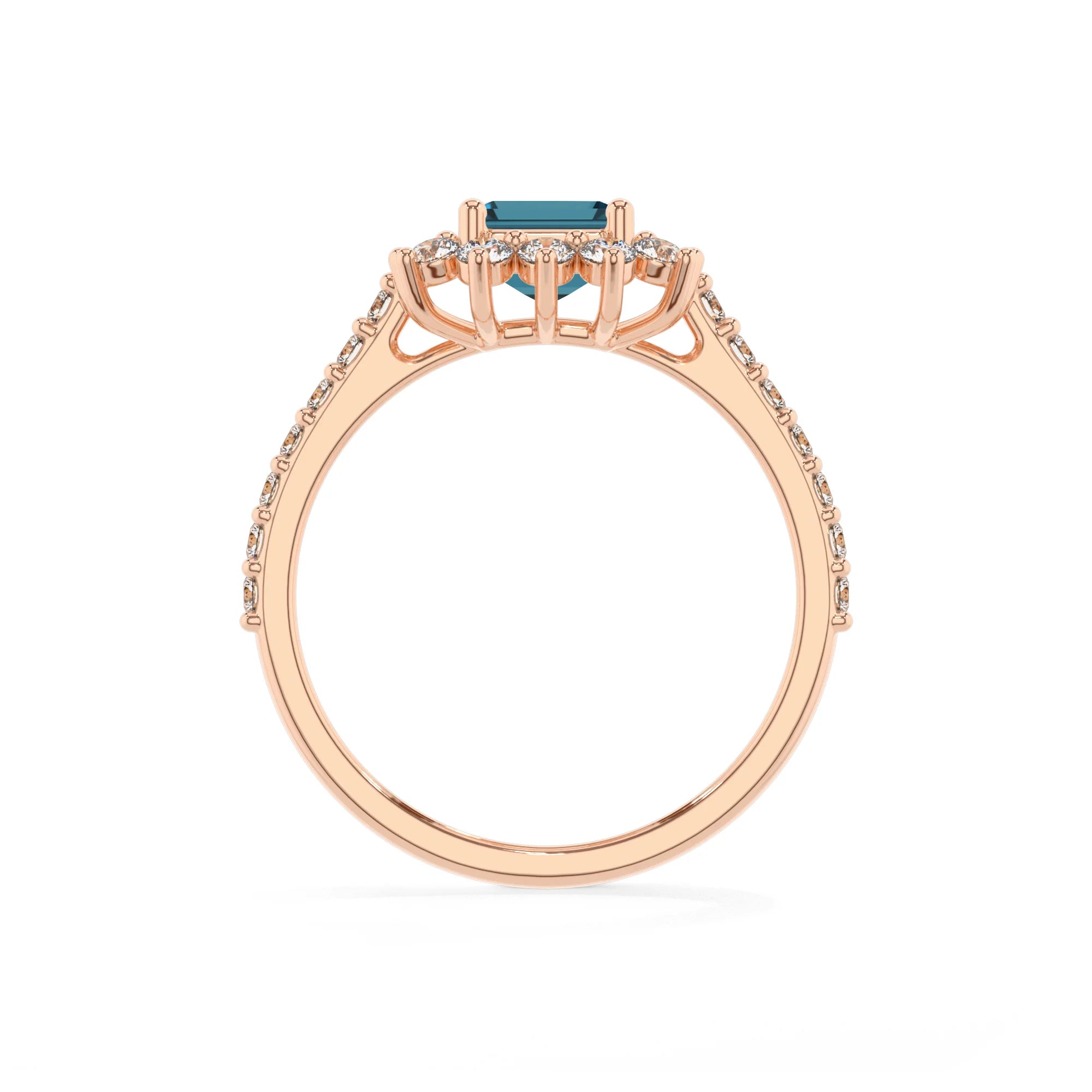 natural london-blue-topaz emerald cut solitaire rings in rose gold