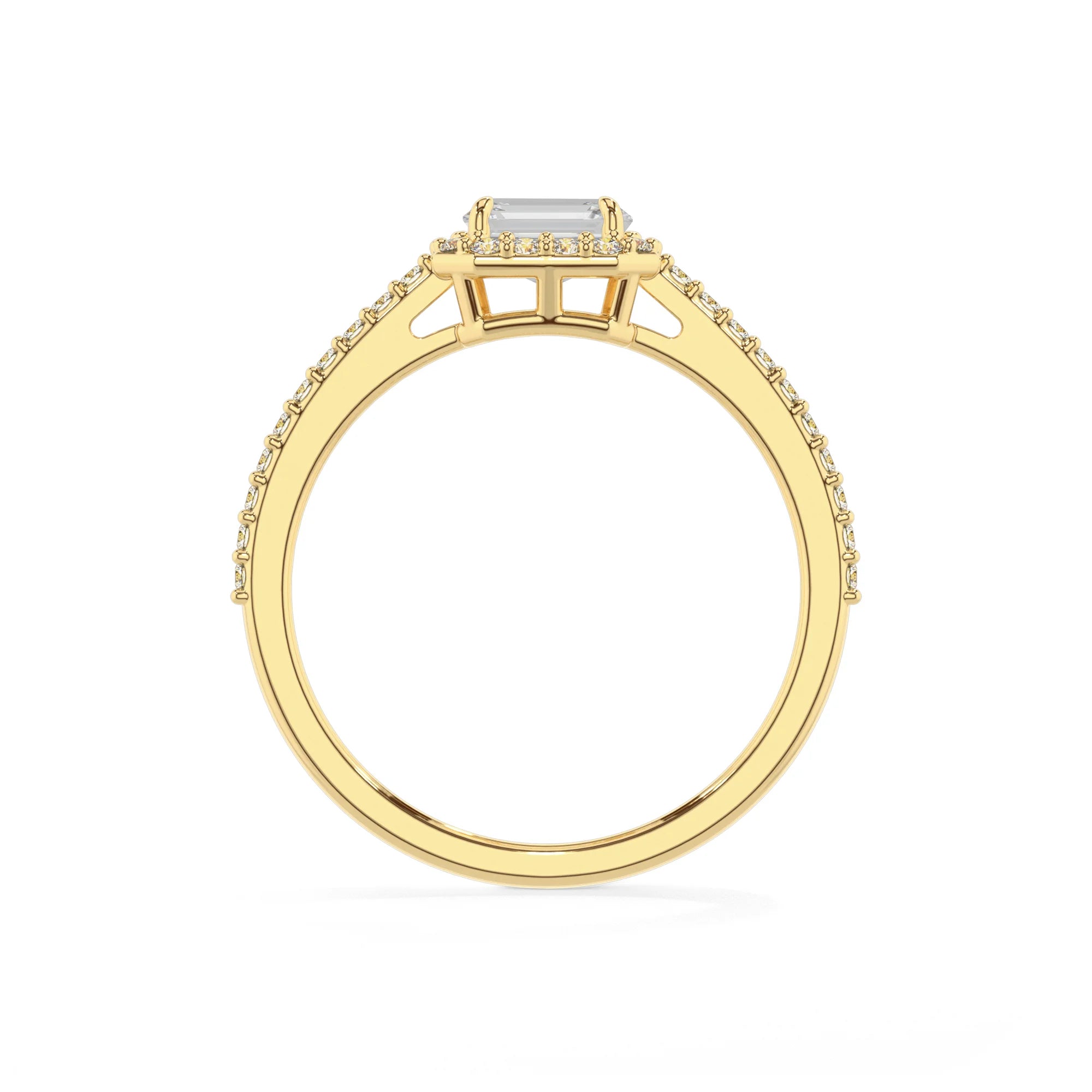 lab grown moissanite emerald cut solitaire rings in yellow gold