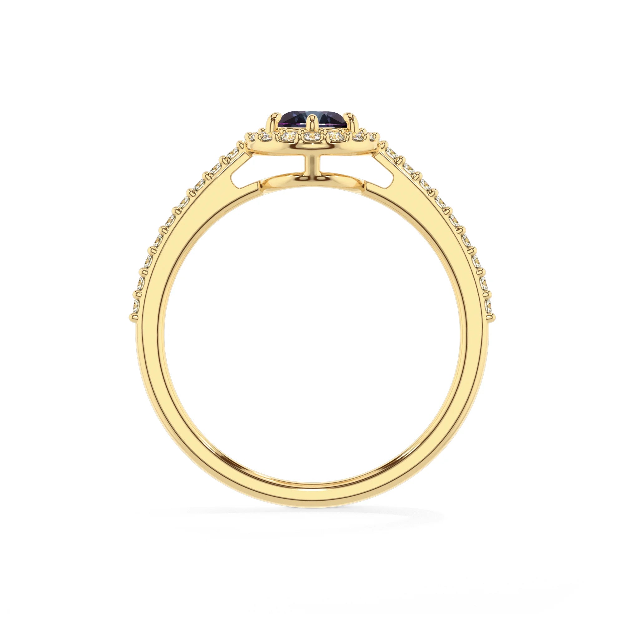 lab grown alexandrite pear solitaire rings in yellow gold