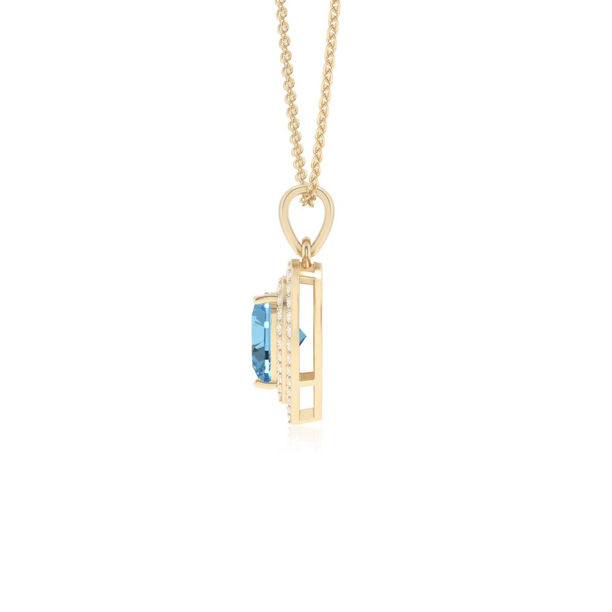natural swiss blue topaz heart halo necklaces in yellow gold