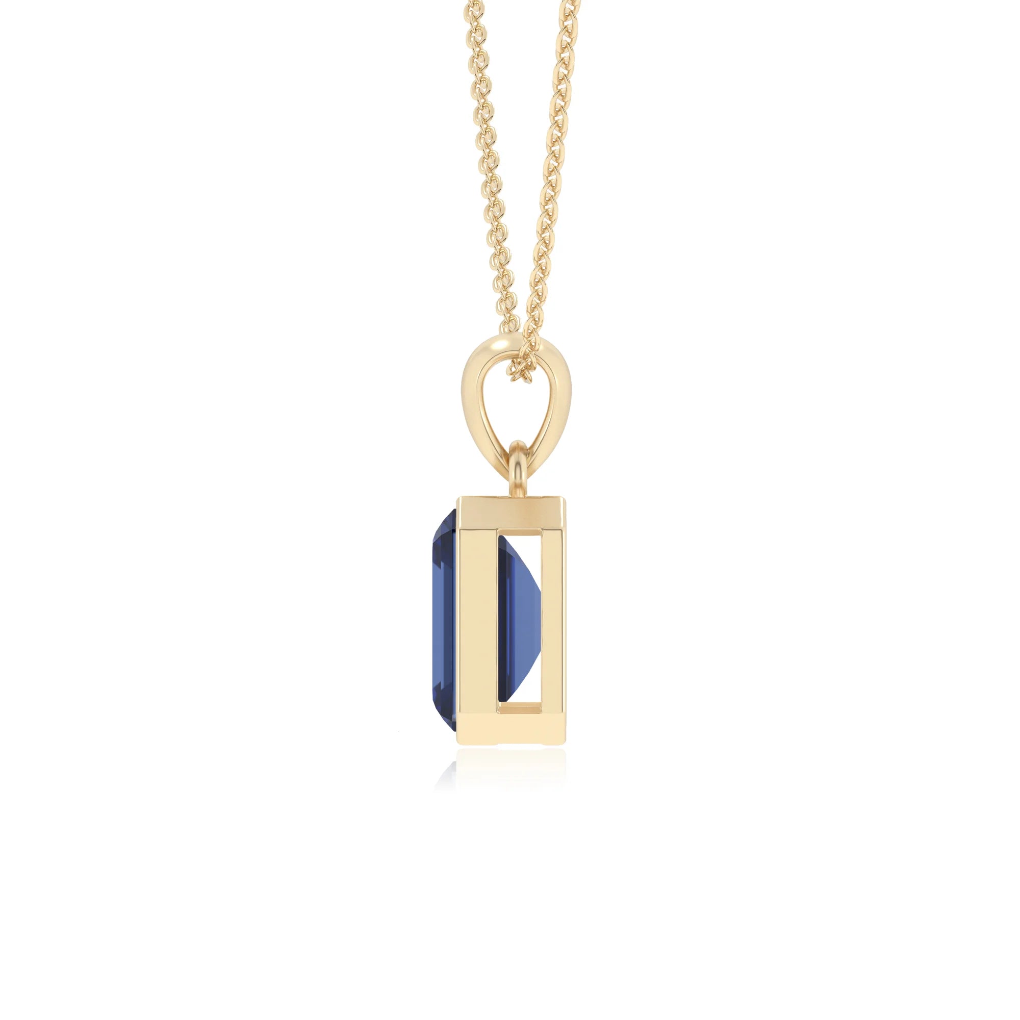 lab grown blue-sapphire emerald cut solitaire necklaces in yellow gold