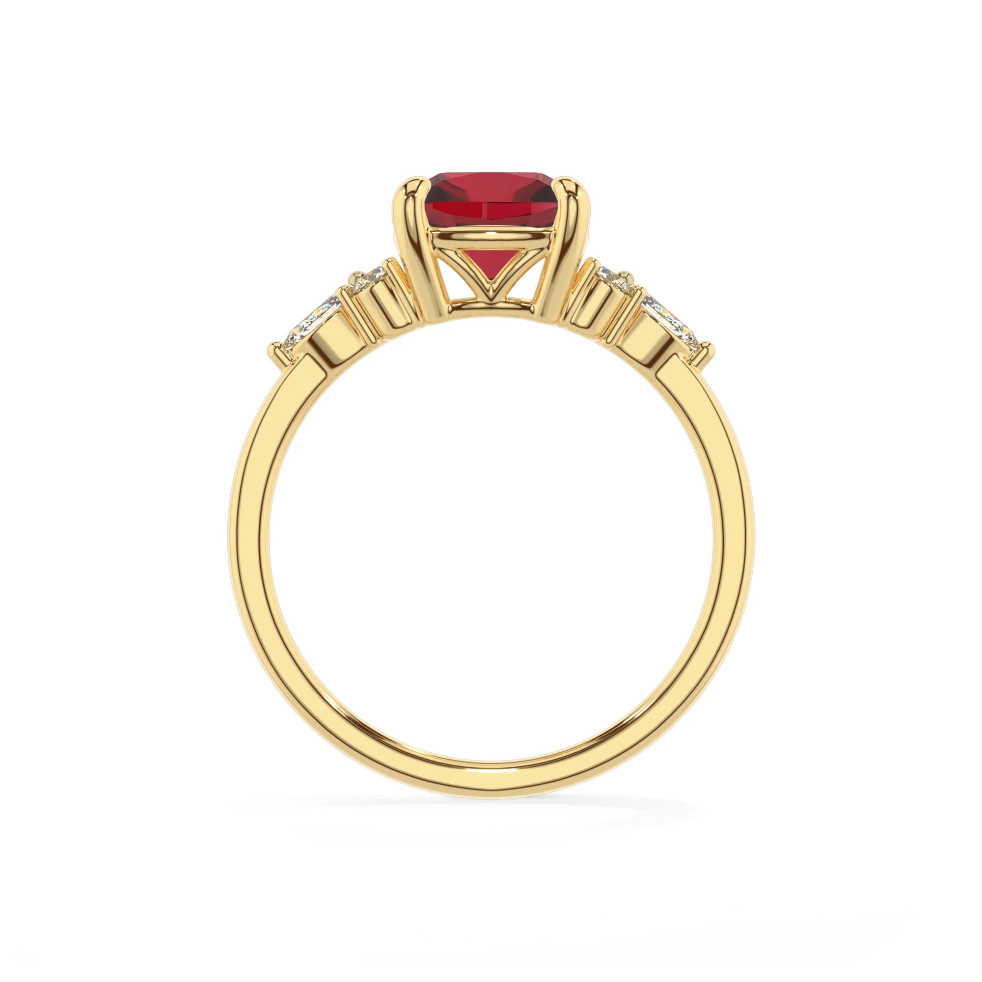 lab grown ruby cushion solitaire rings in yellow gold
