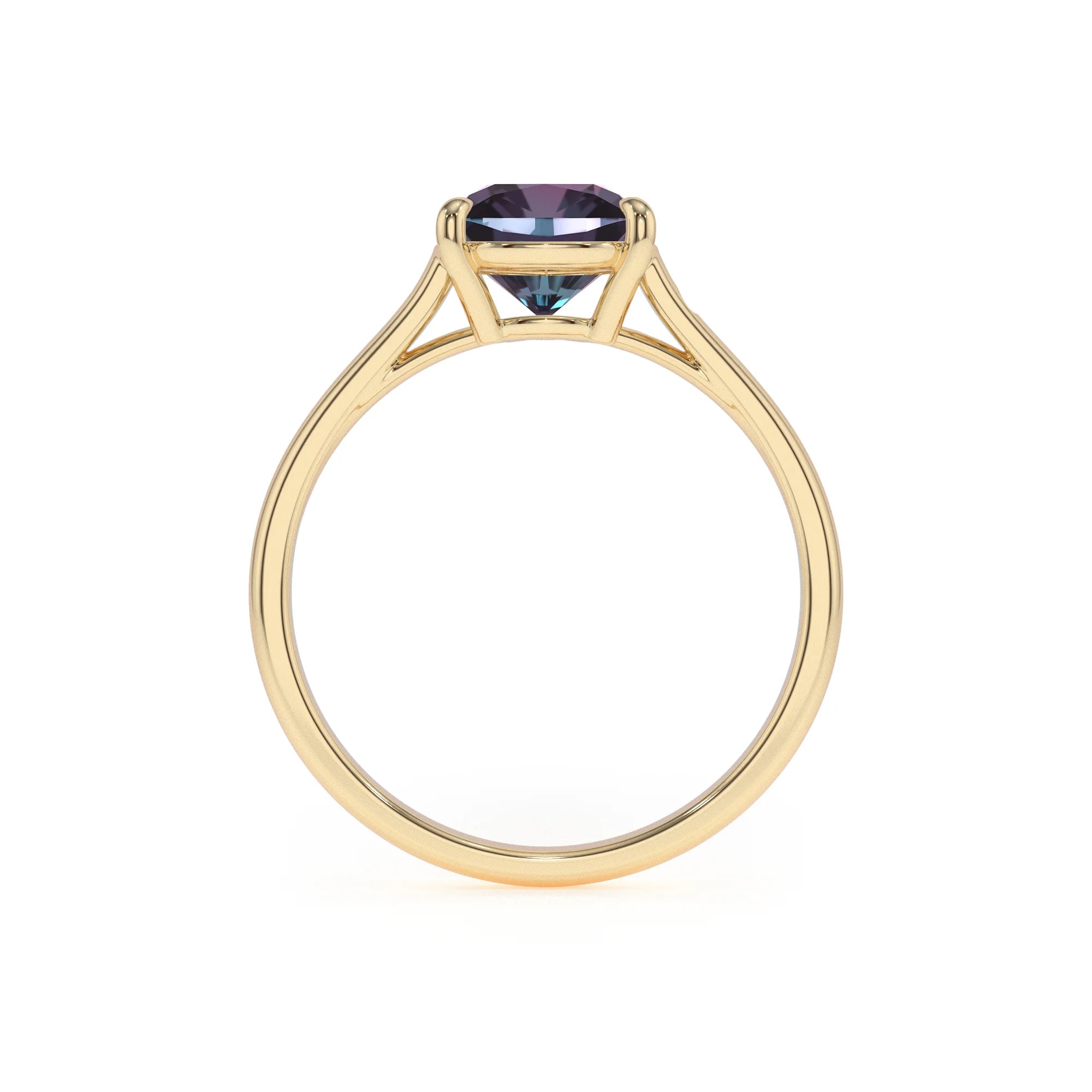 lab grown alexandrite cushion solitaire rings in yellow gold