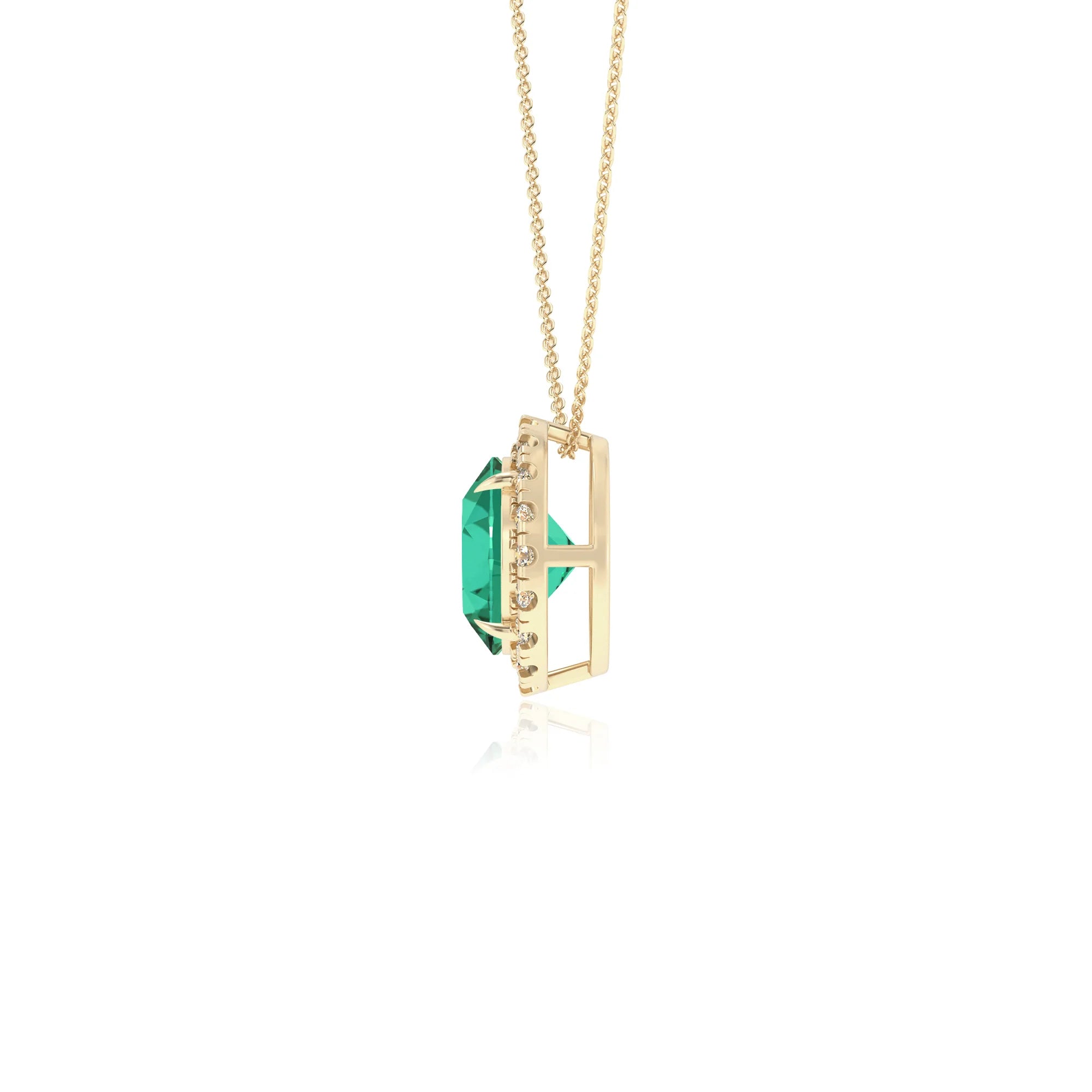 lab grown emerald round solitaire necklaces in yellow gold