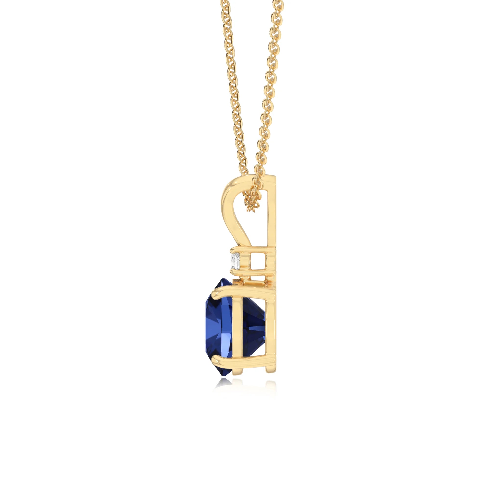 lab grown blue-sapphire cushion solitaire v-bale necklaces in yellow gold
