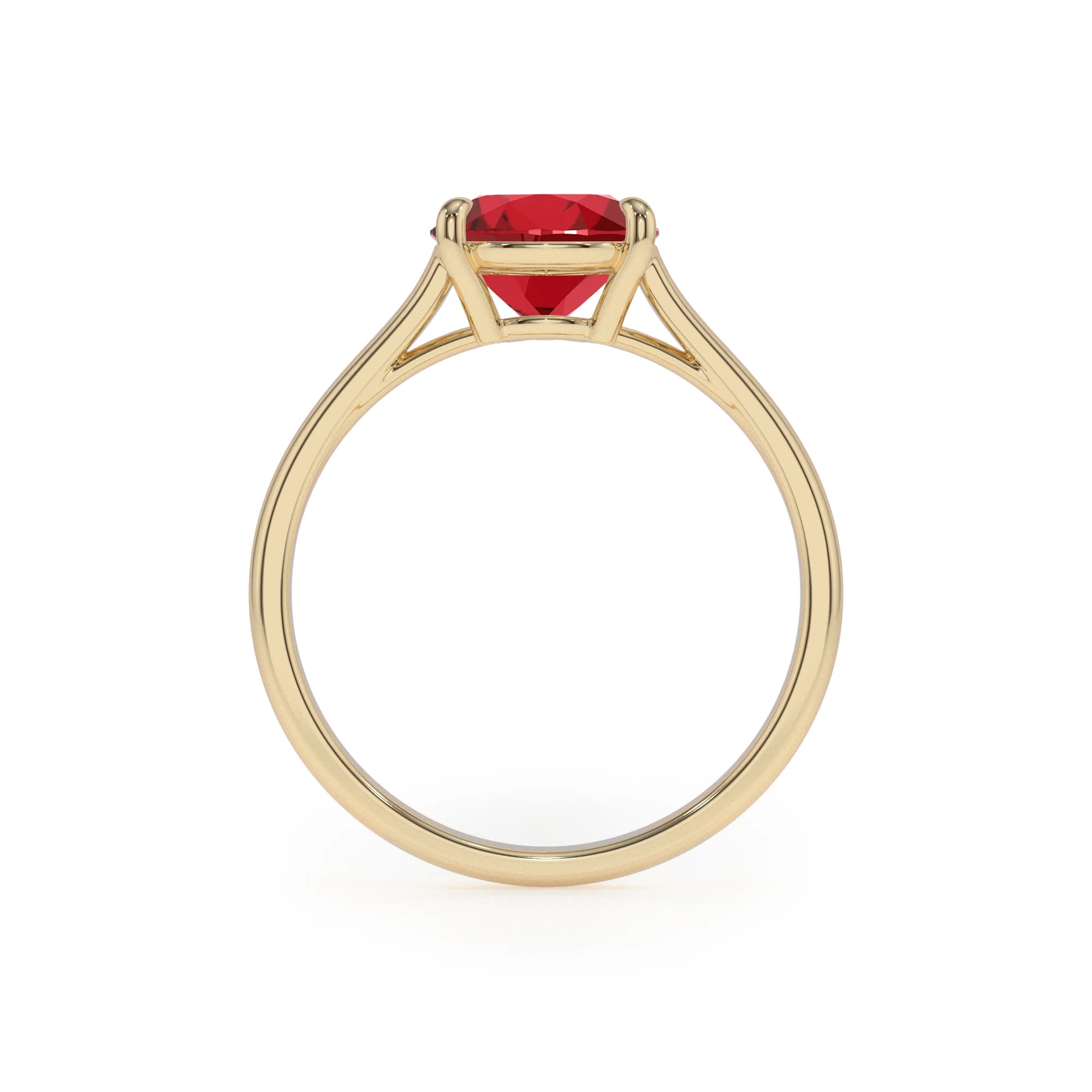 lab grown ruby pear solitaire rings in yellow gold