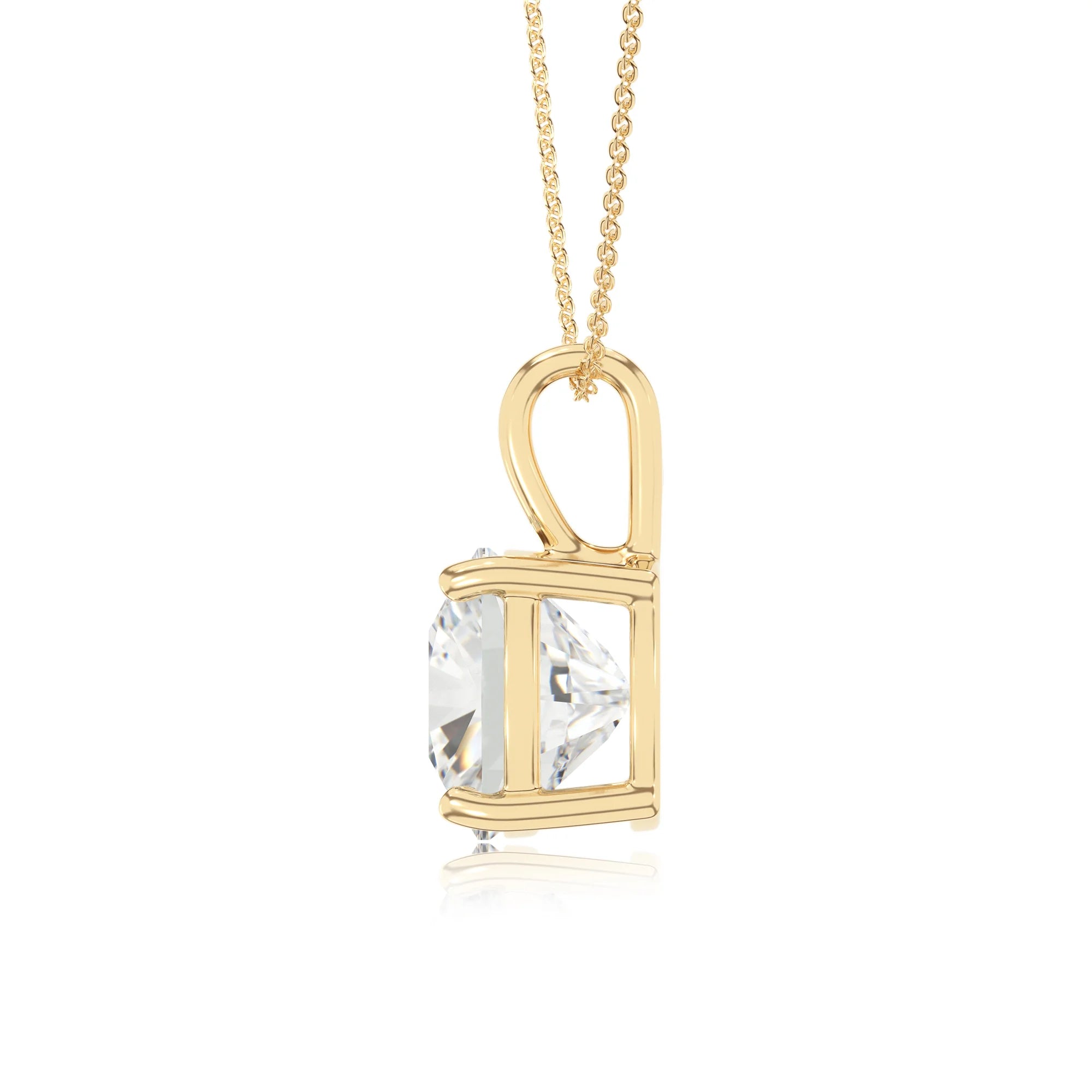 lab grown moissanite cushion solitaire necklaces in yellow gold
