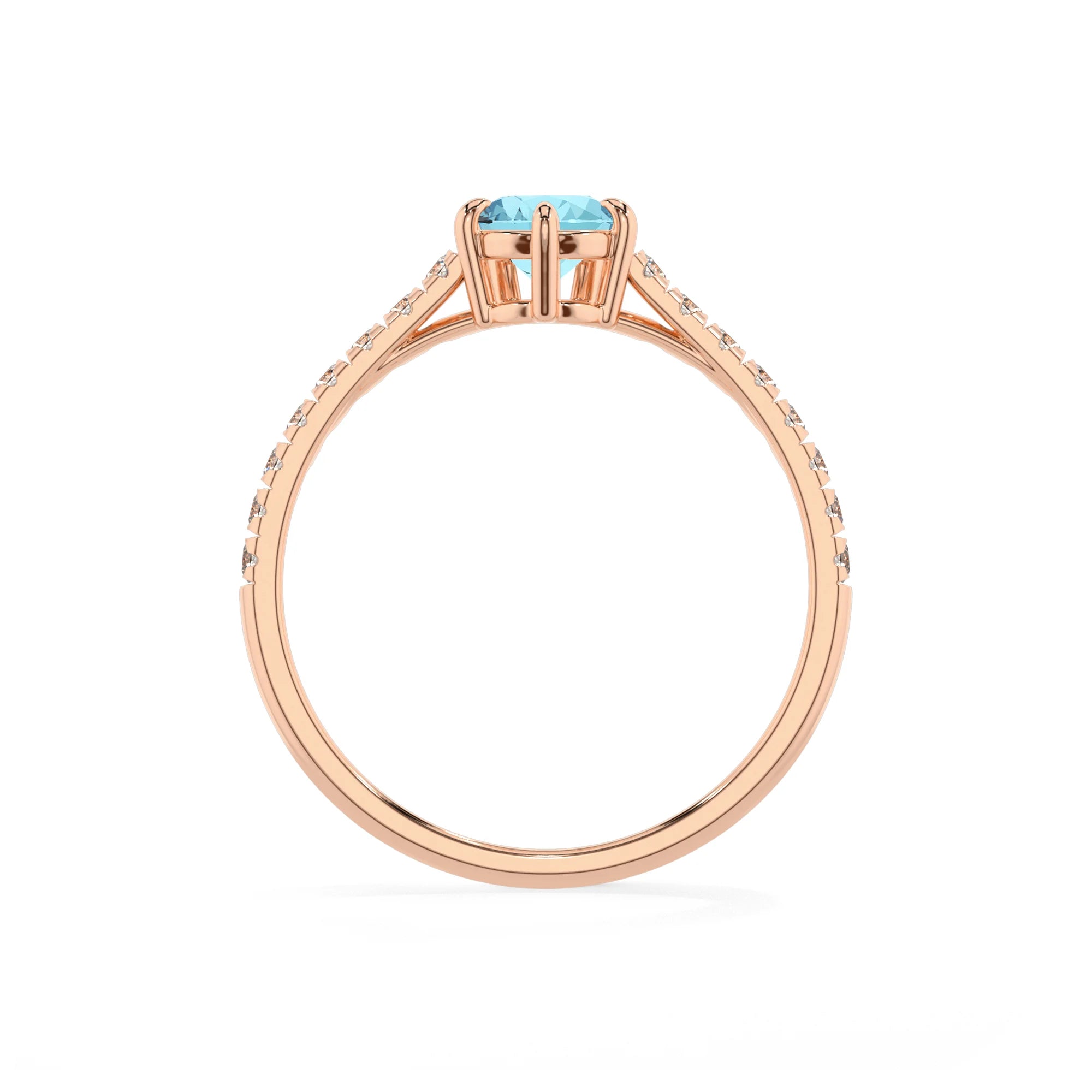 lab grown aquamarine pear half eternity solitaire engagement rings in rose gold
