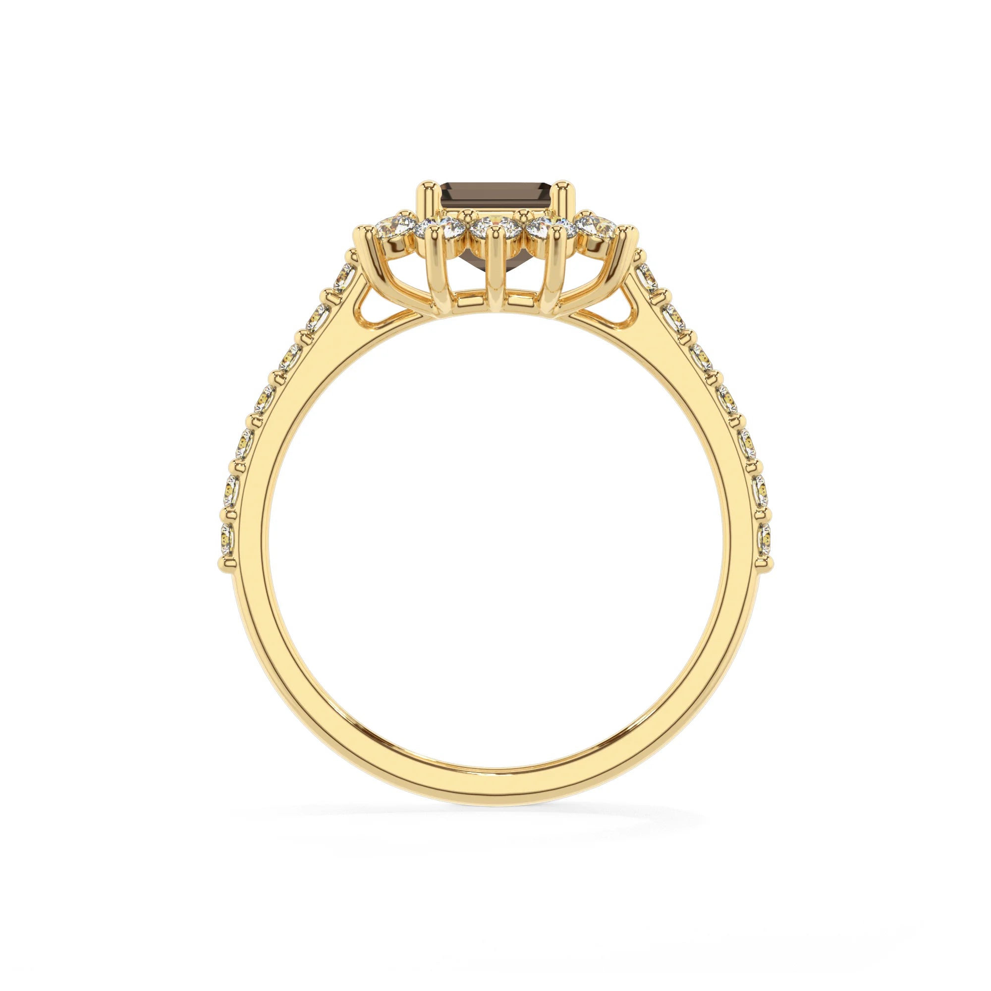 natural smoky-quartz emerald cut solitaire rings in yellow gold