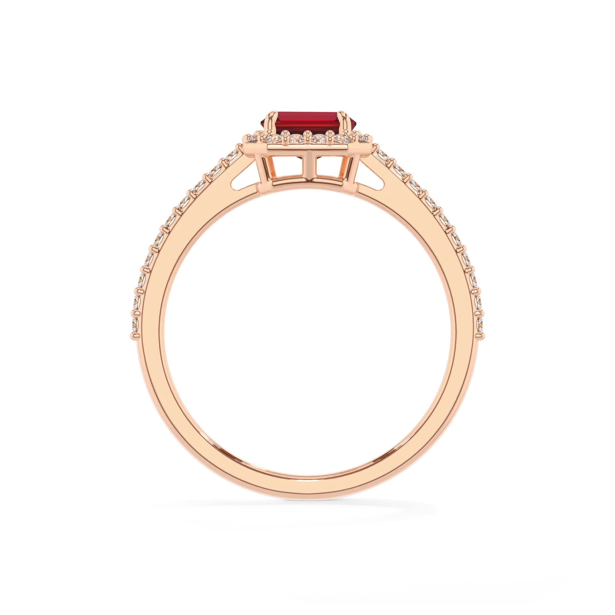 lab grown ruby emerald cut solitaire rings in rose gold