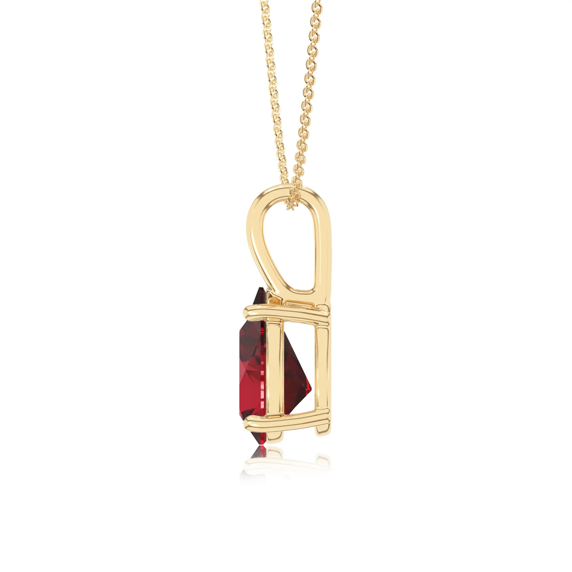 lab grown ruby pear solitaire necklaces in yellow gold