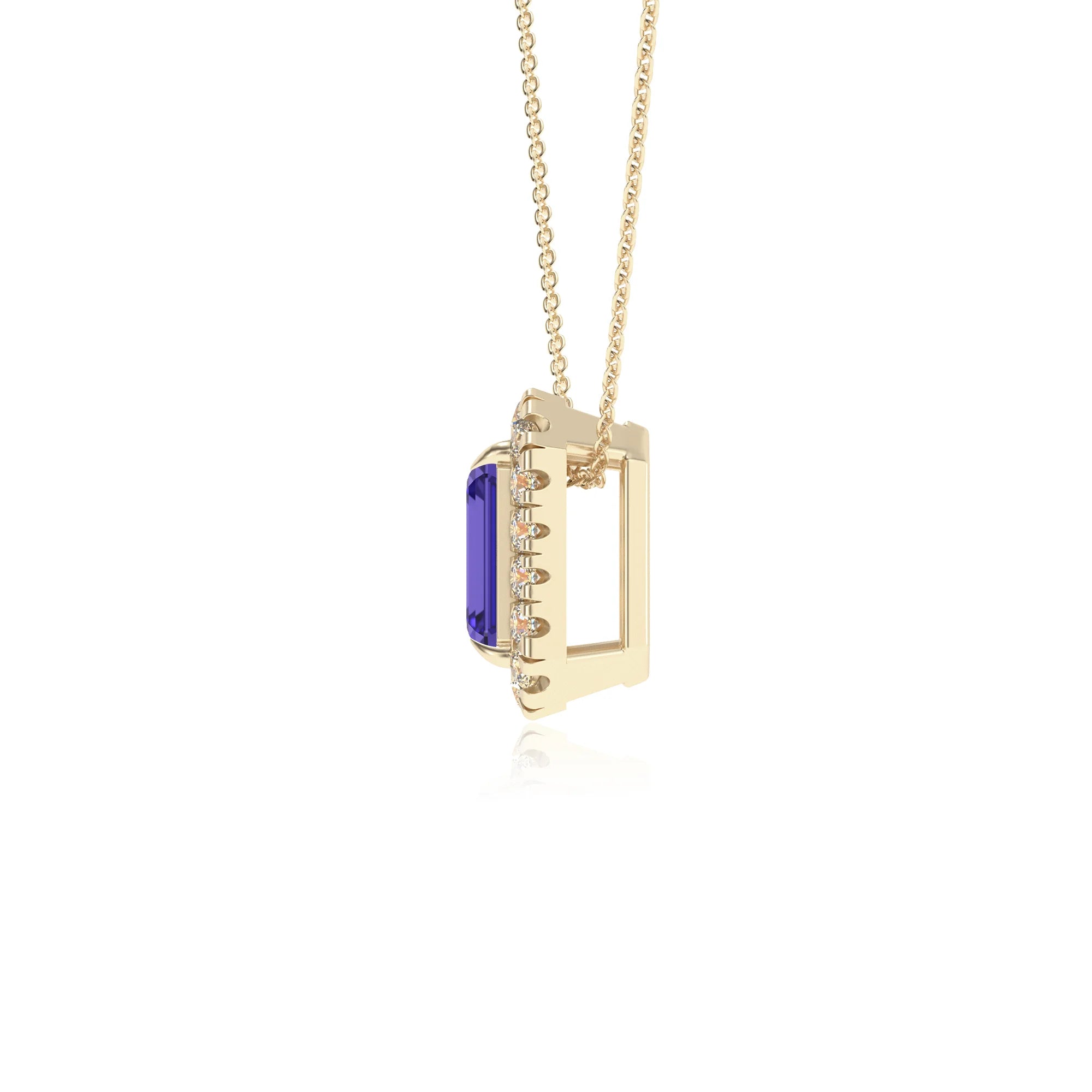 lab grown tanzanite emerald cut solitaire necklaces in yellow gold
