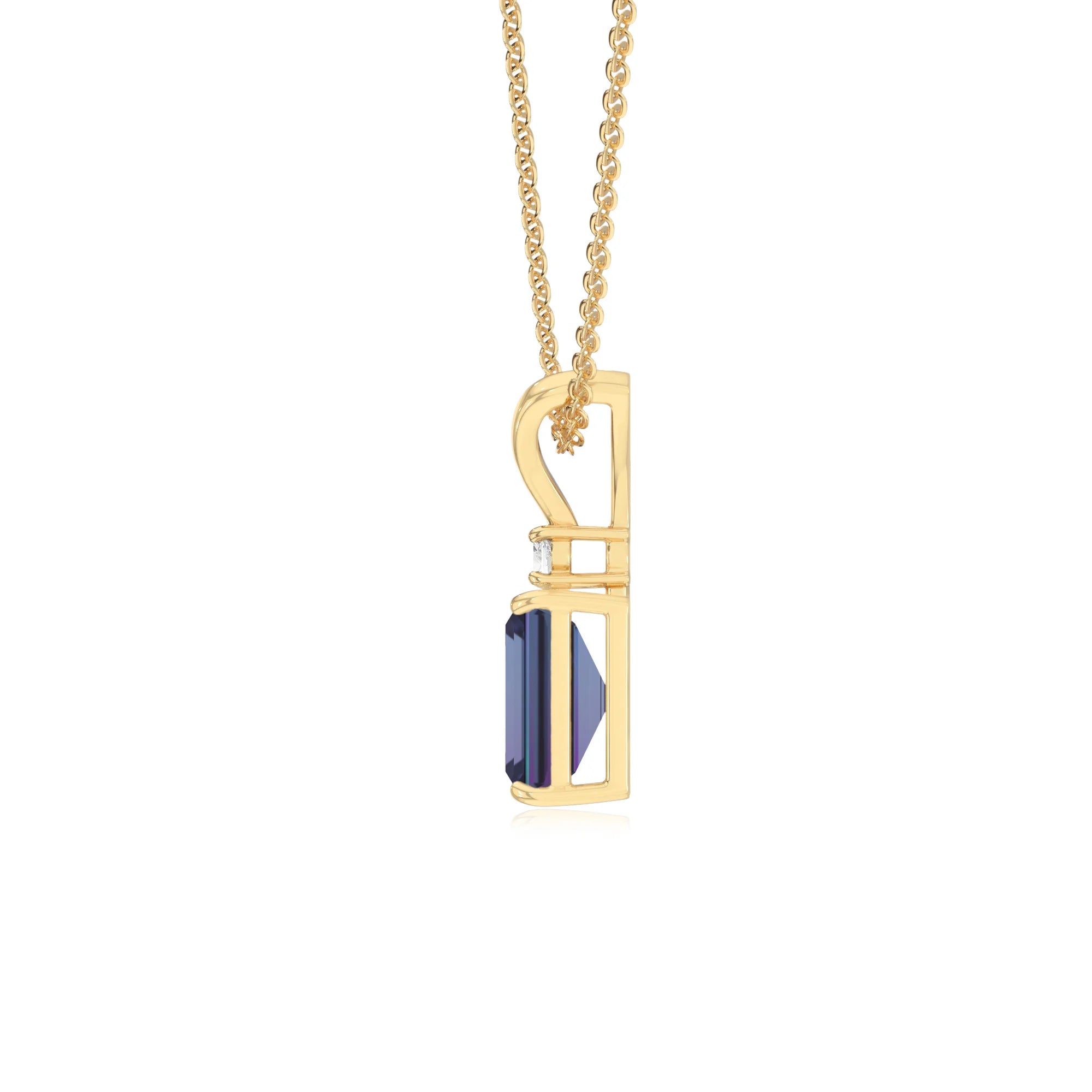 lab grown alexandrite emerald cut solitaire v-bale necklaces in yellow gold