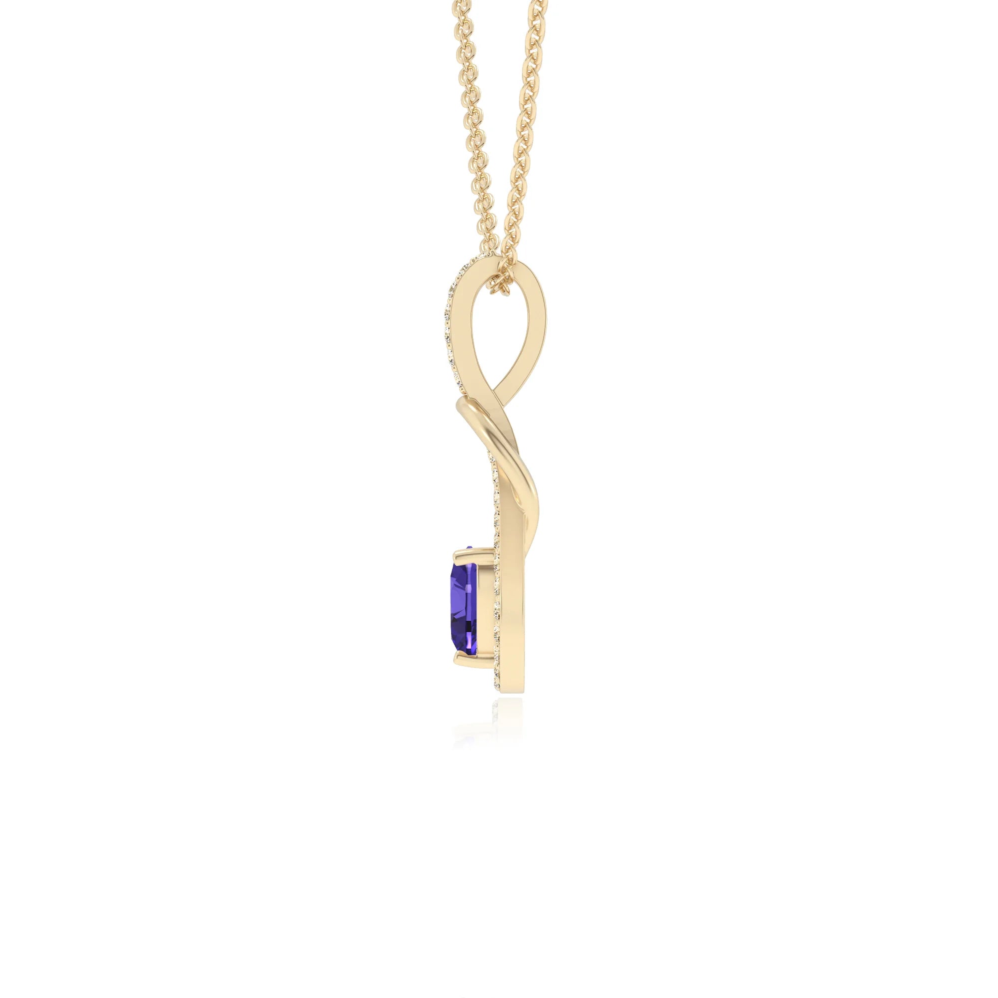 lab grown tanzanite heart infinity v-bale necklaces in yellow gold