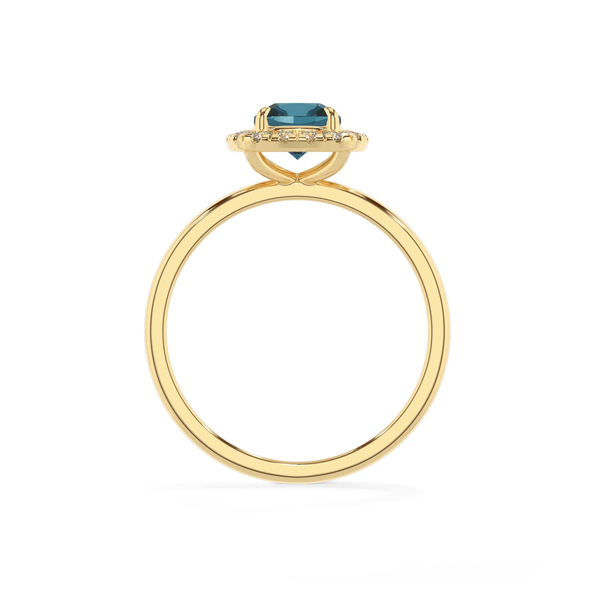 natural london-blue-topaz cushion solitaire rings in yellow gold