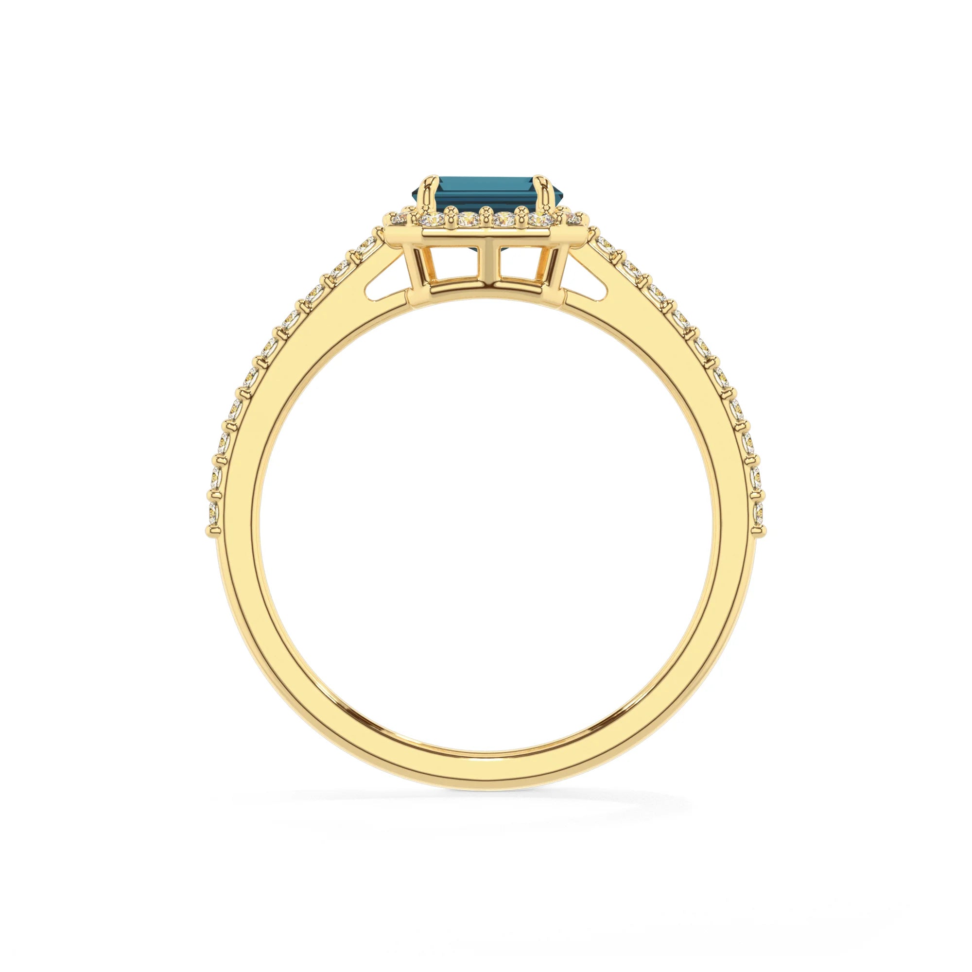 natural london-blue-topaz emerald cut solitaire rings in yellow gold