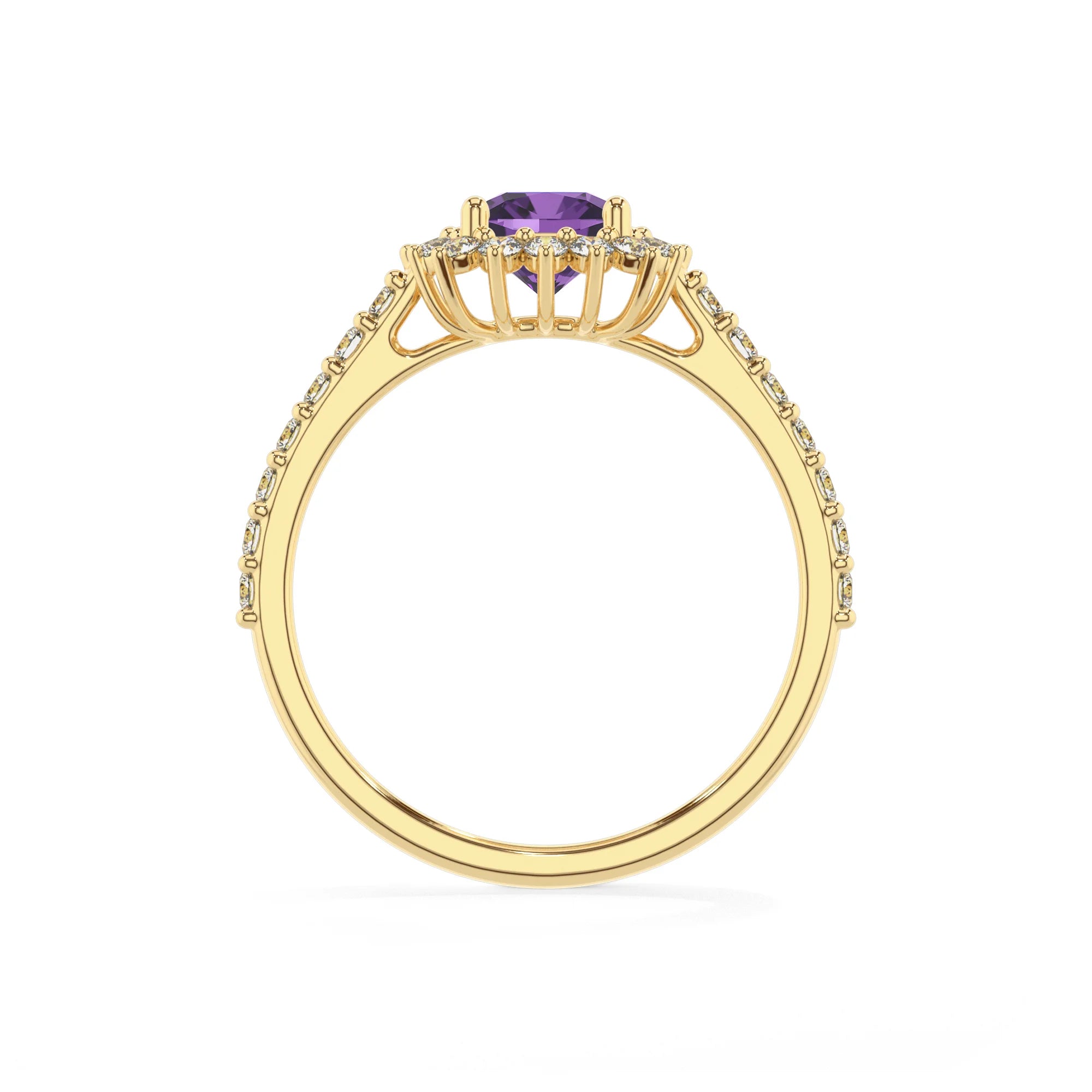lab grown amethyst cushion solitaire rings in yellow gold