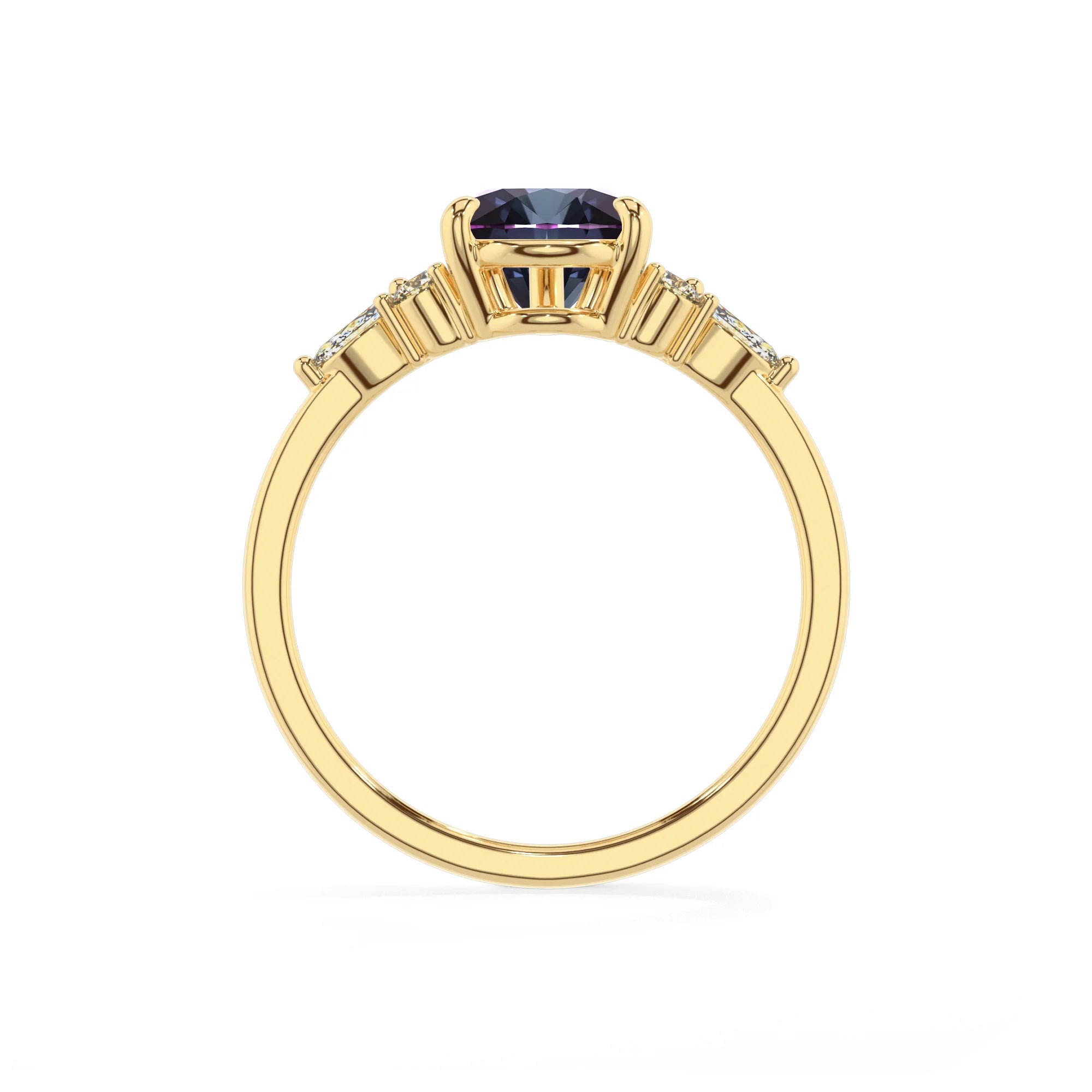 lab grown alexandrite pear solitaire rings in yellow gold