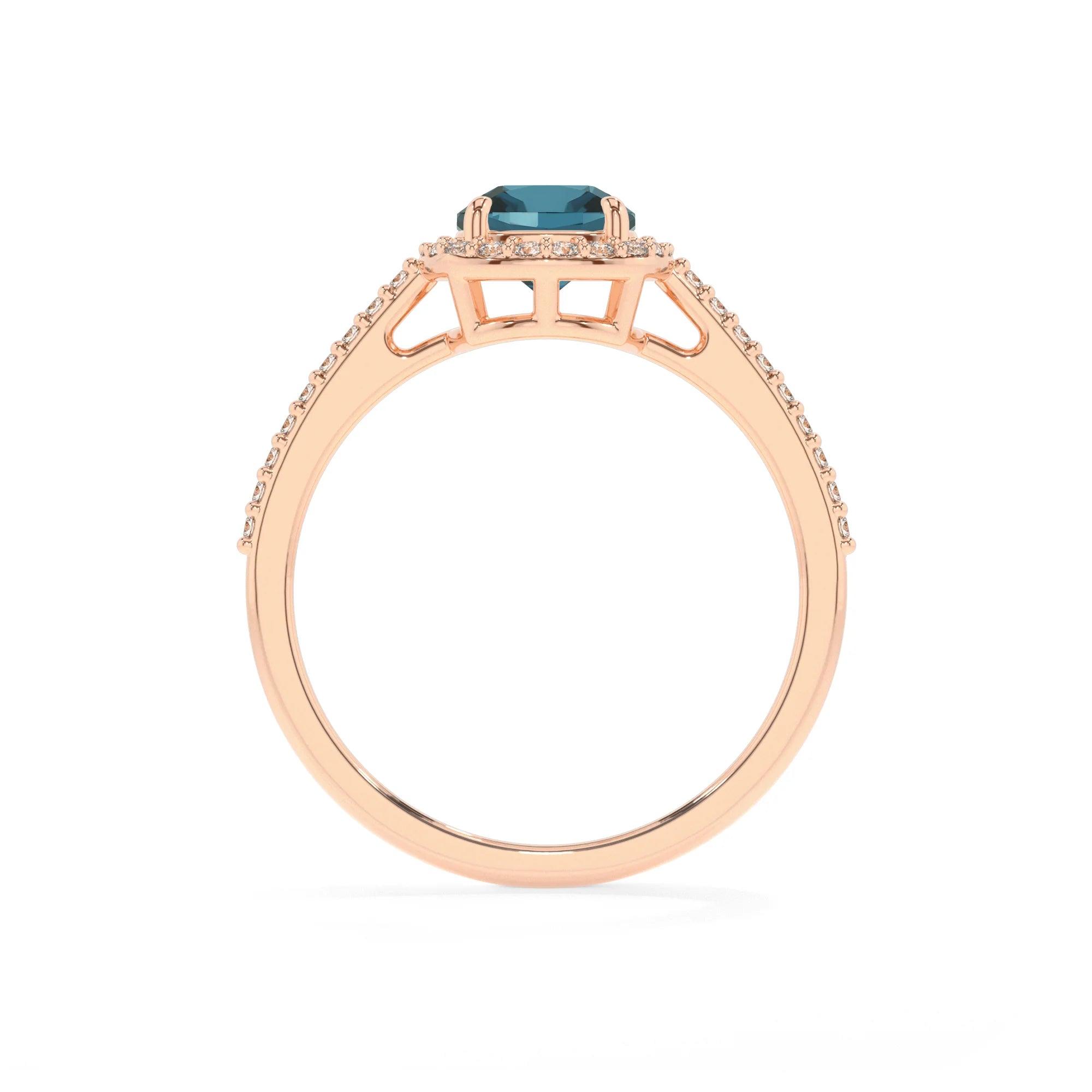 natural london-blue-topaz cushion solitaire rings in rose gold