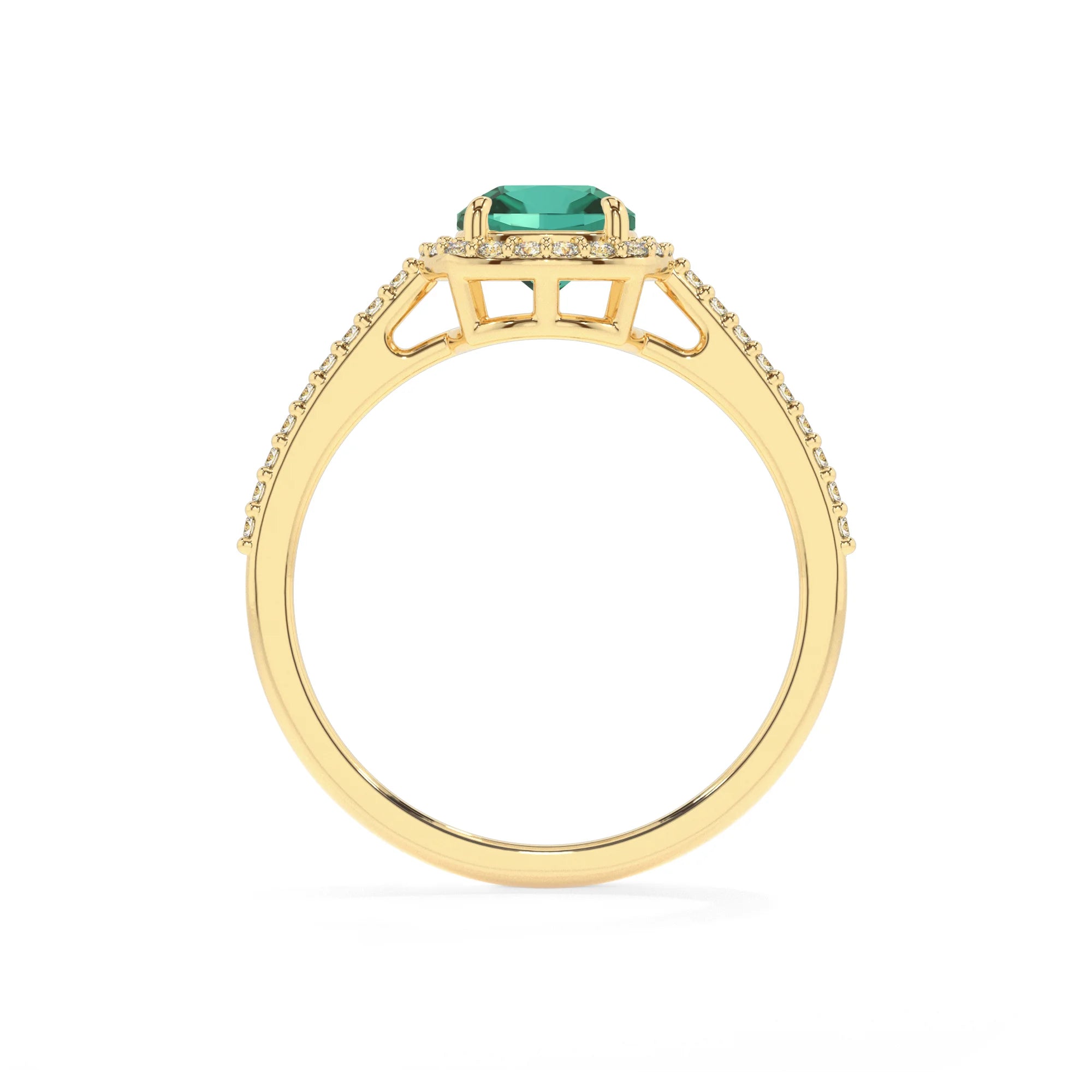 lab grown emerald cushion solitaire rings in yellow gold