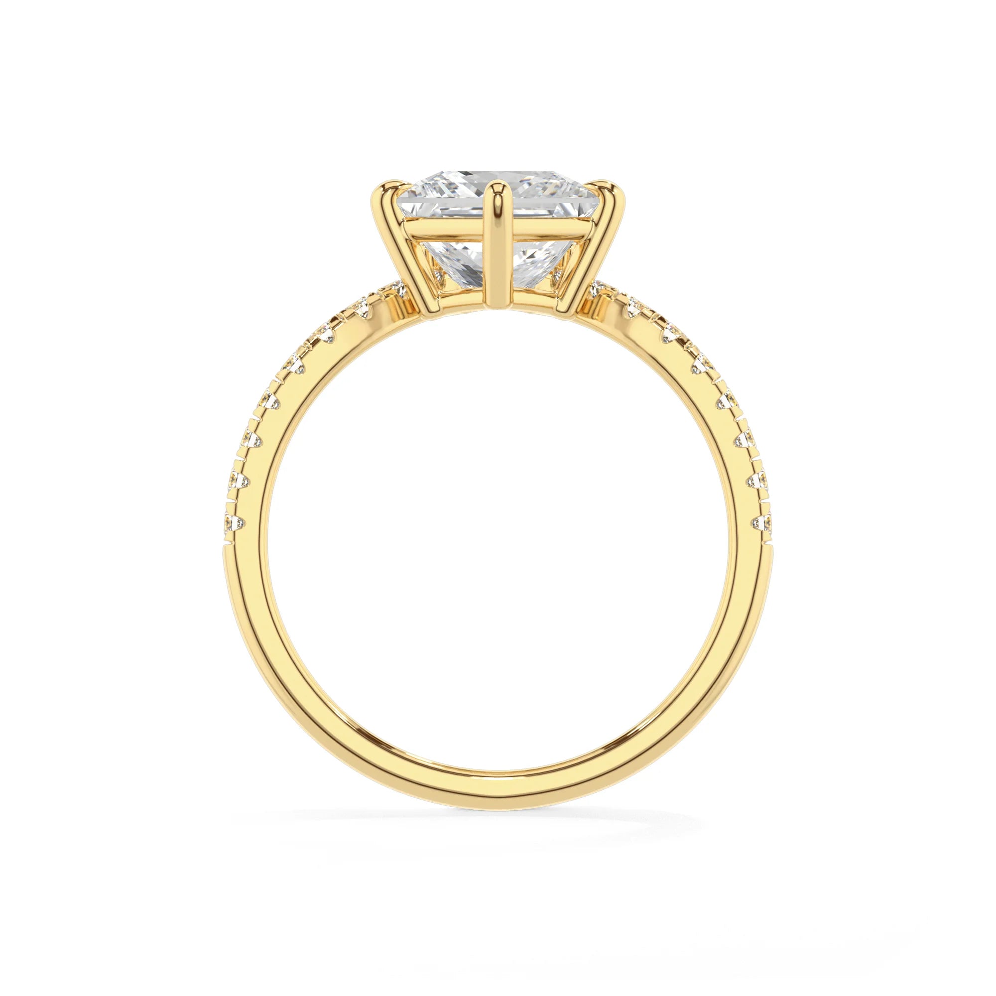 lab grown moissanite princess solitaire rings in yellow gold