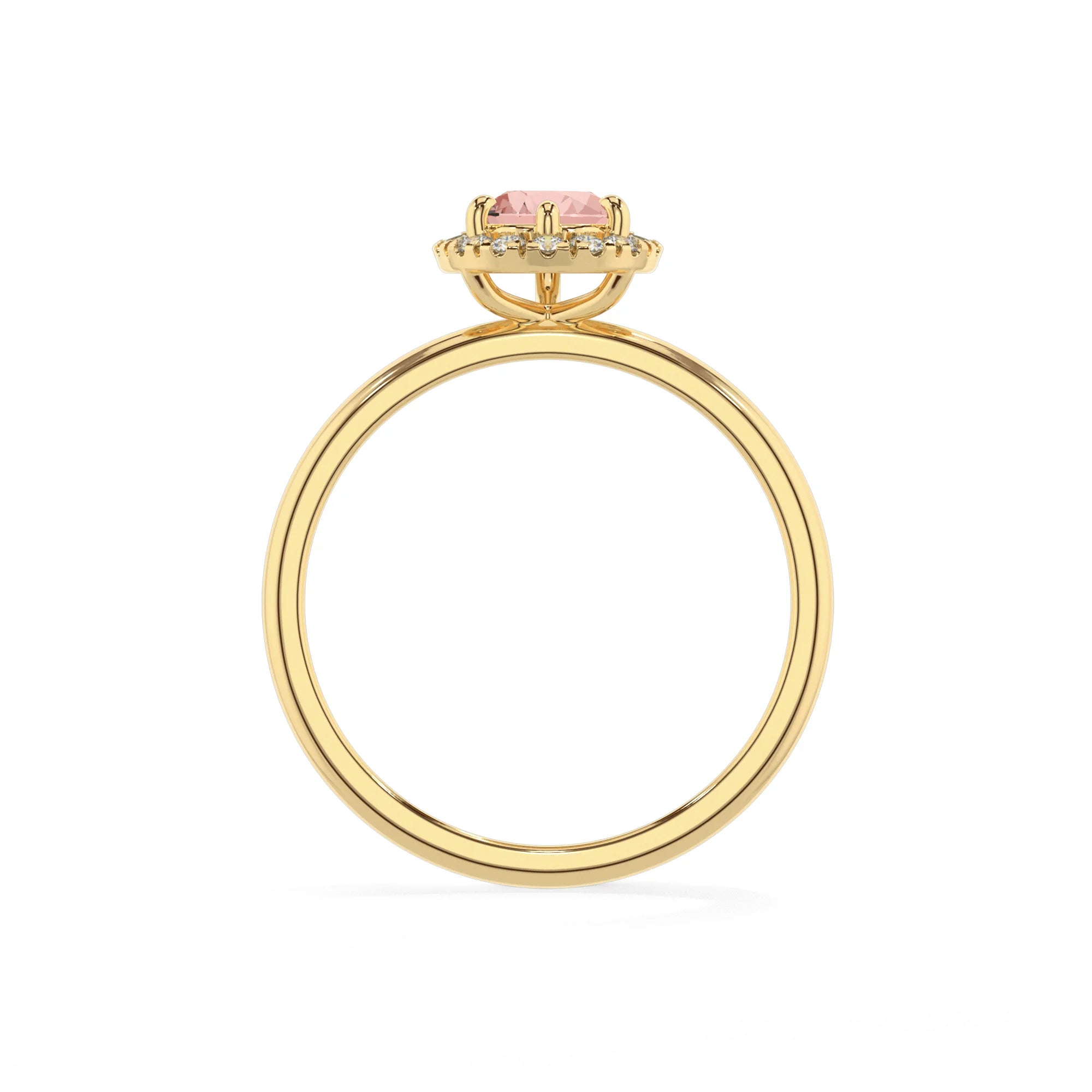 lab grown morganite pear solitaire rings in yellow gold