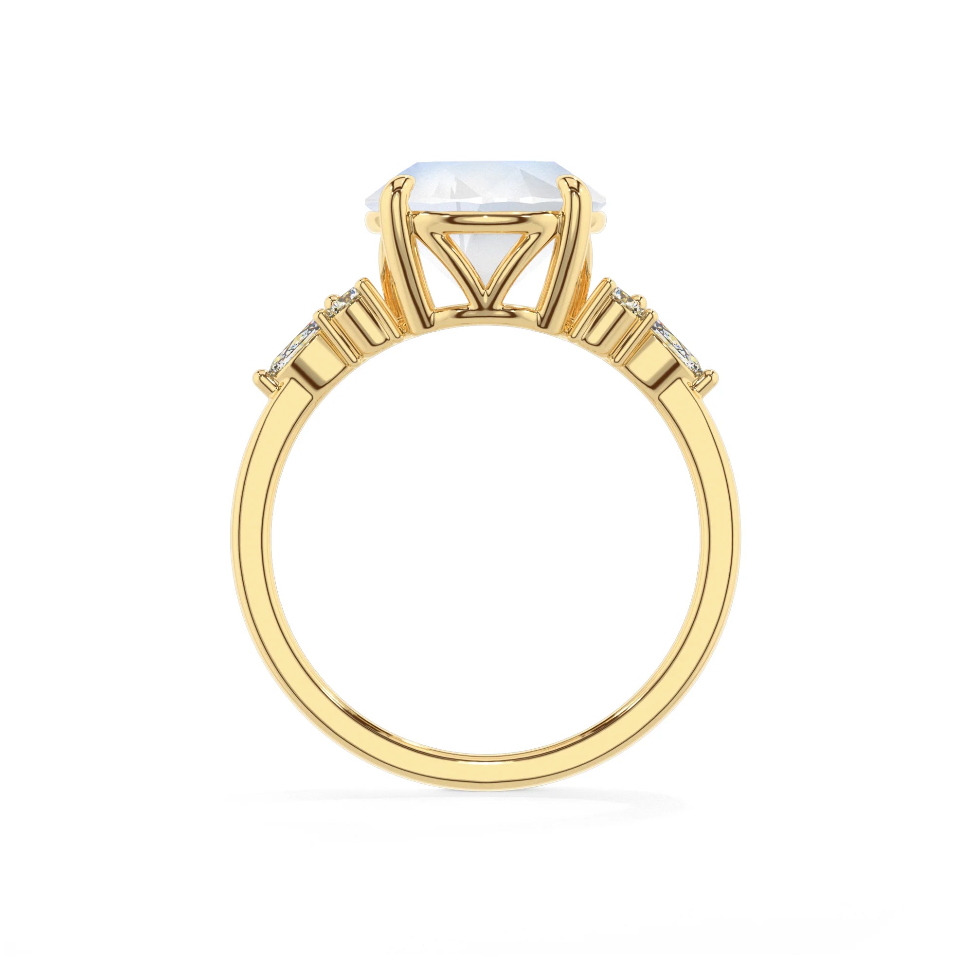 natural rainbow-moonstone round solitaire rings in yellow gold