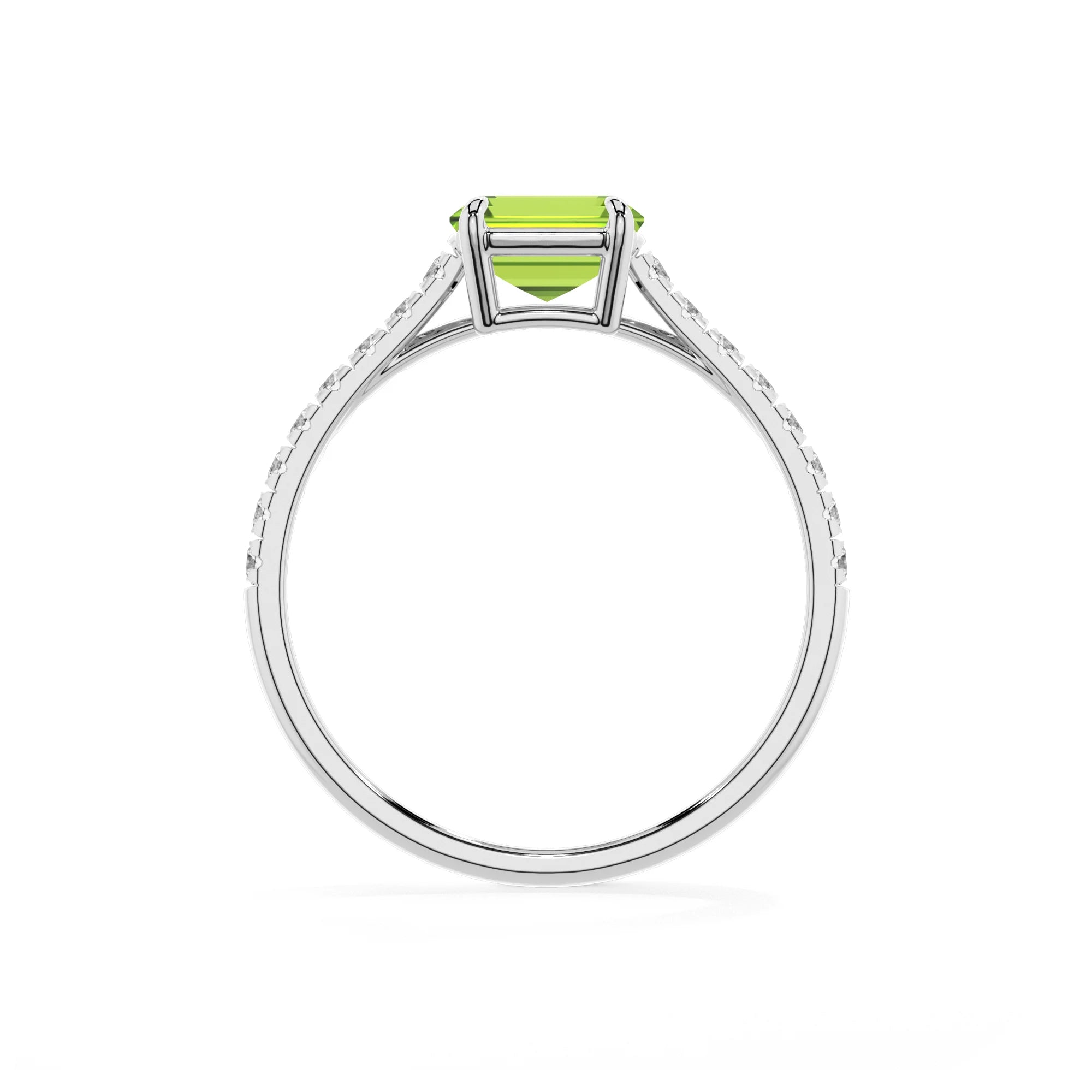 natural peridot emerald cut half eternity solitaire engagement rings in platinum