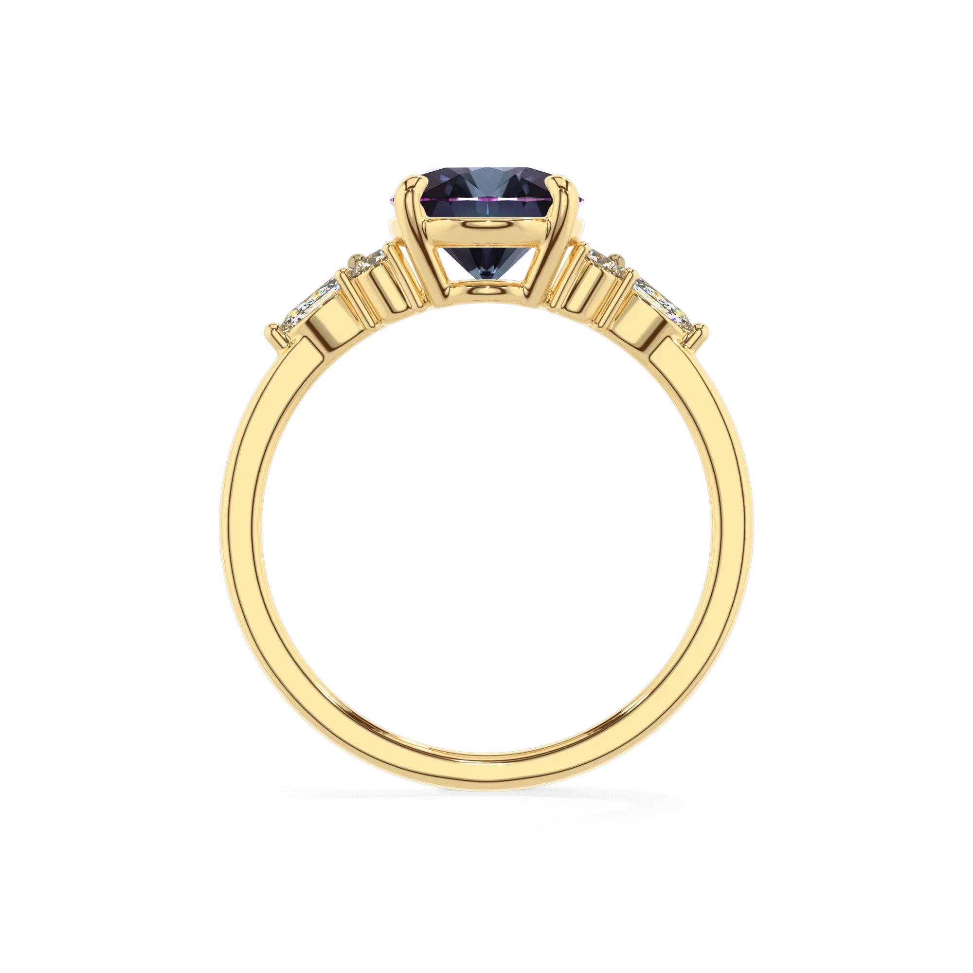 lab grown alexandrite oval solitaire rings in yellow gold