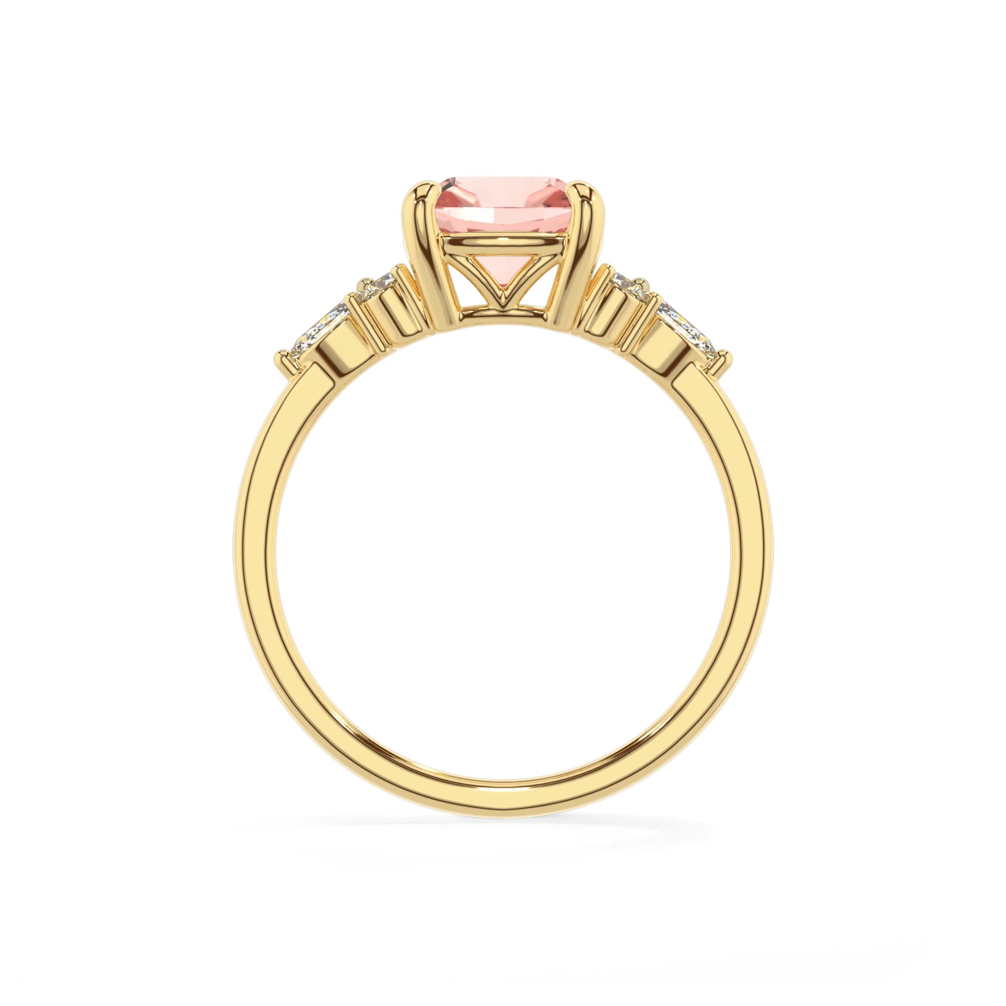 lab grown morganite cushion solitaire rings in yellow gold