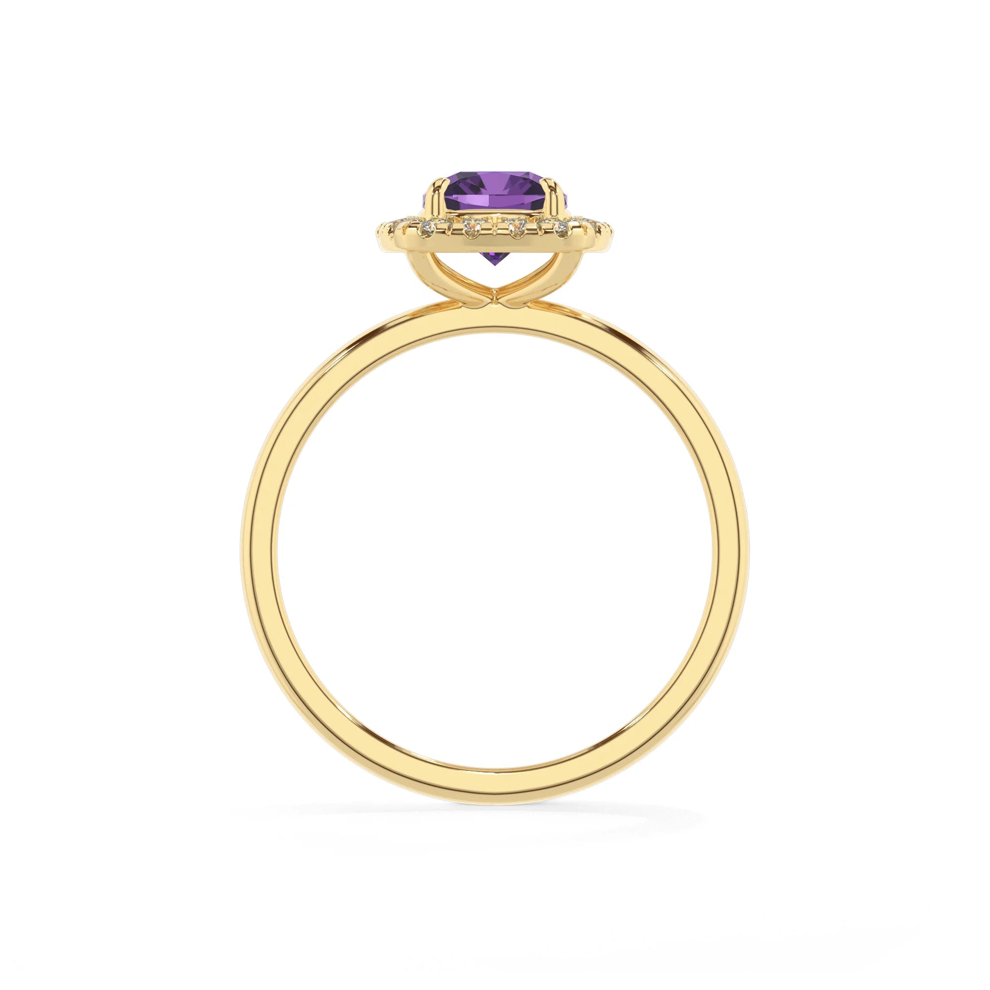 lab grown amethyst cushion solitaire rings in yellow gold