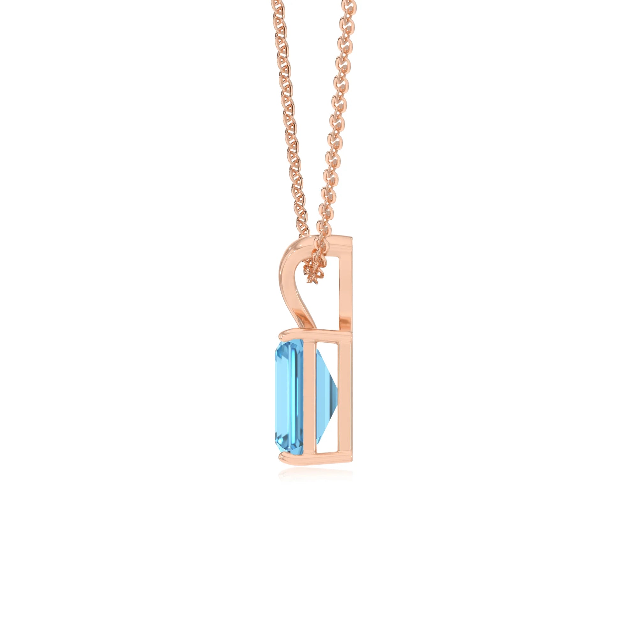natural swiss-blue-topaz emerald cut solitaire v-bale necklaces in rose gold
