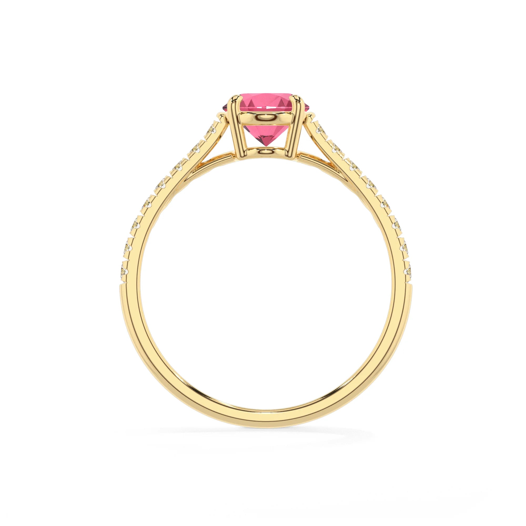 lab grown pink-tourmaline oval half eternity solitaire engagement rings in yellow gold