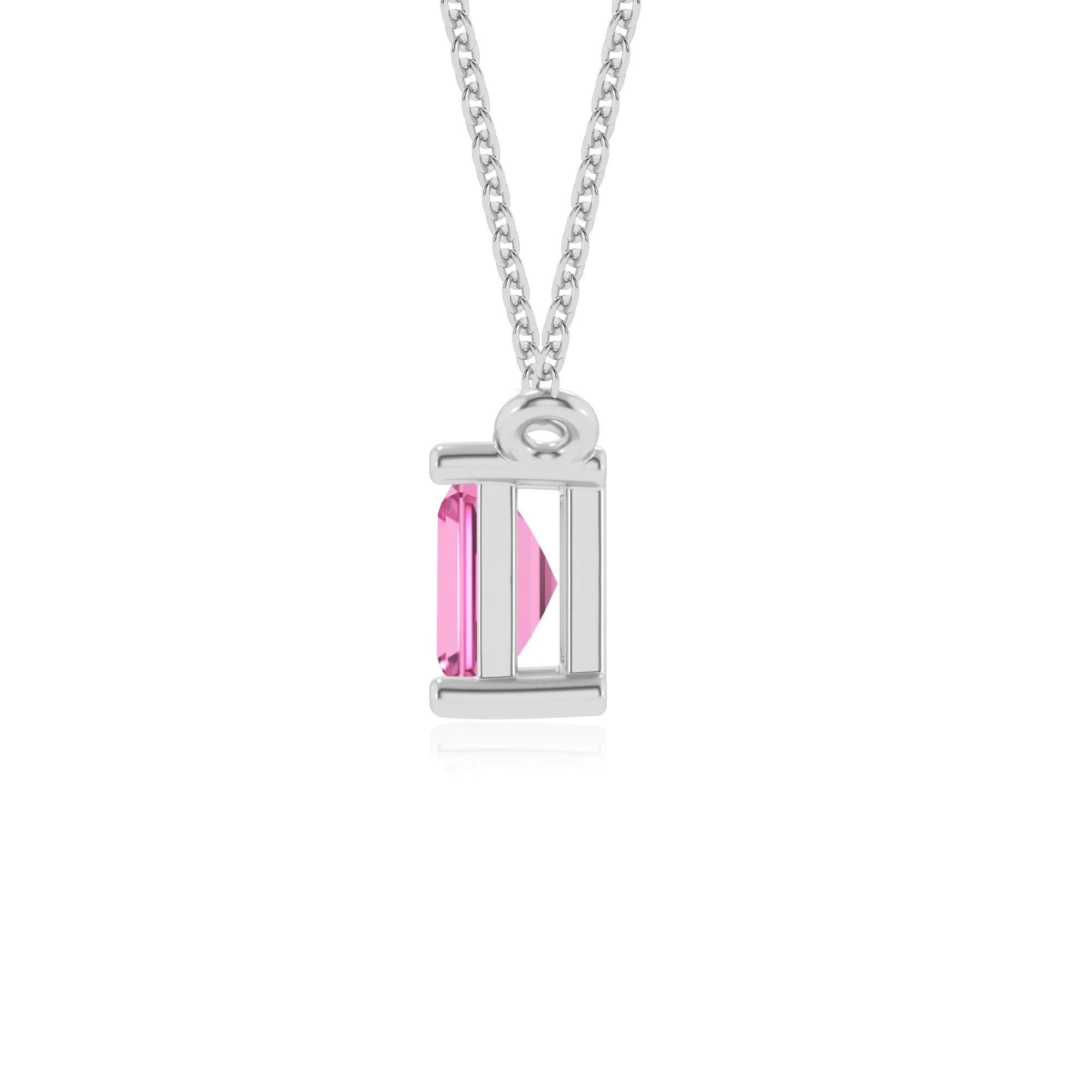 lab grown pink-sapphire emerald cut solitaire necklaces in sterling silver