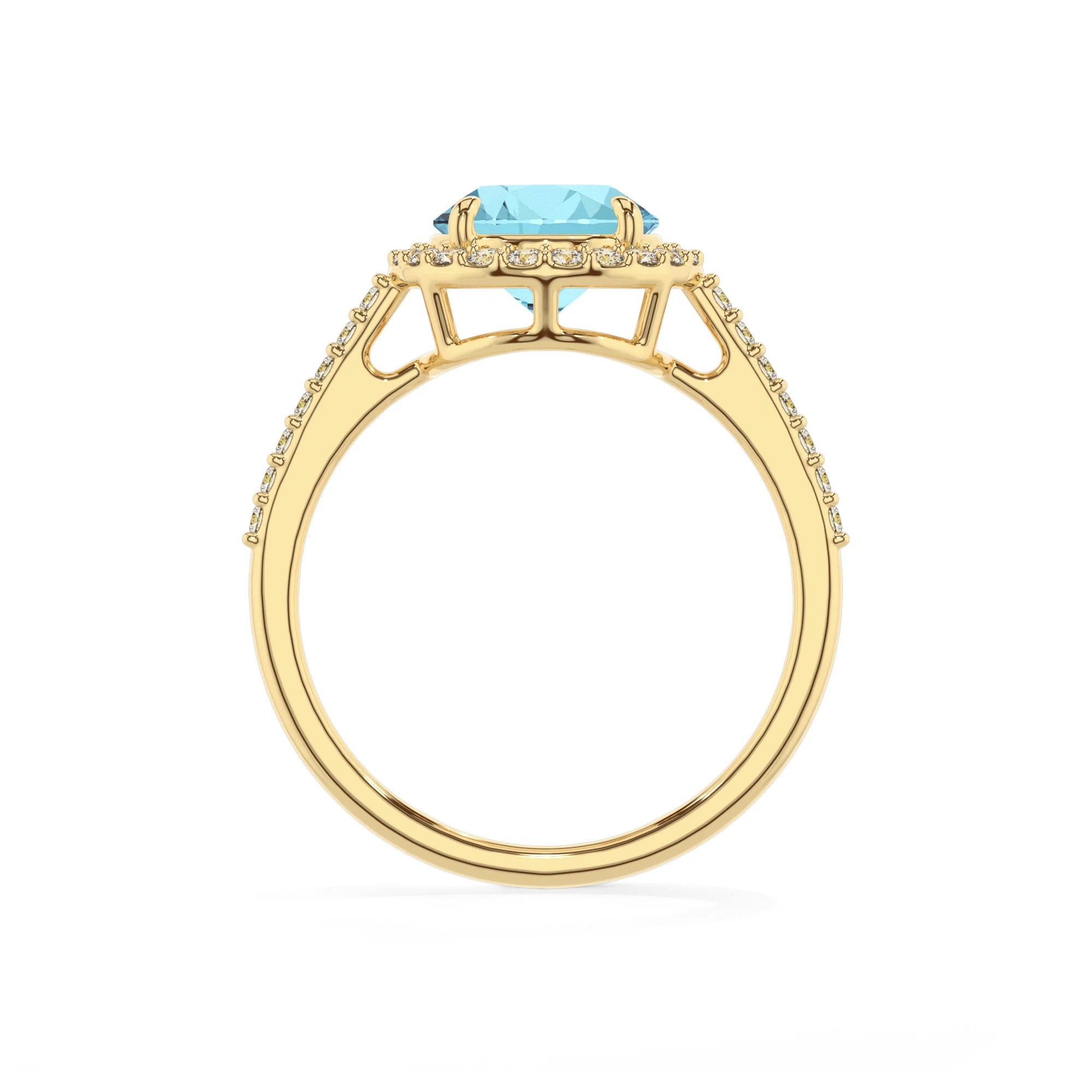 lab grown aquamarine round solitaire rings in yellow gold