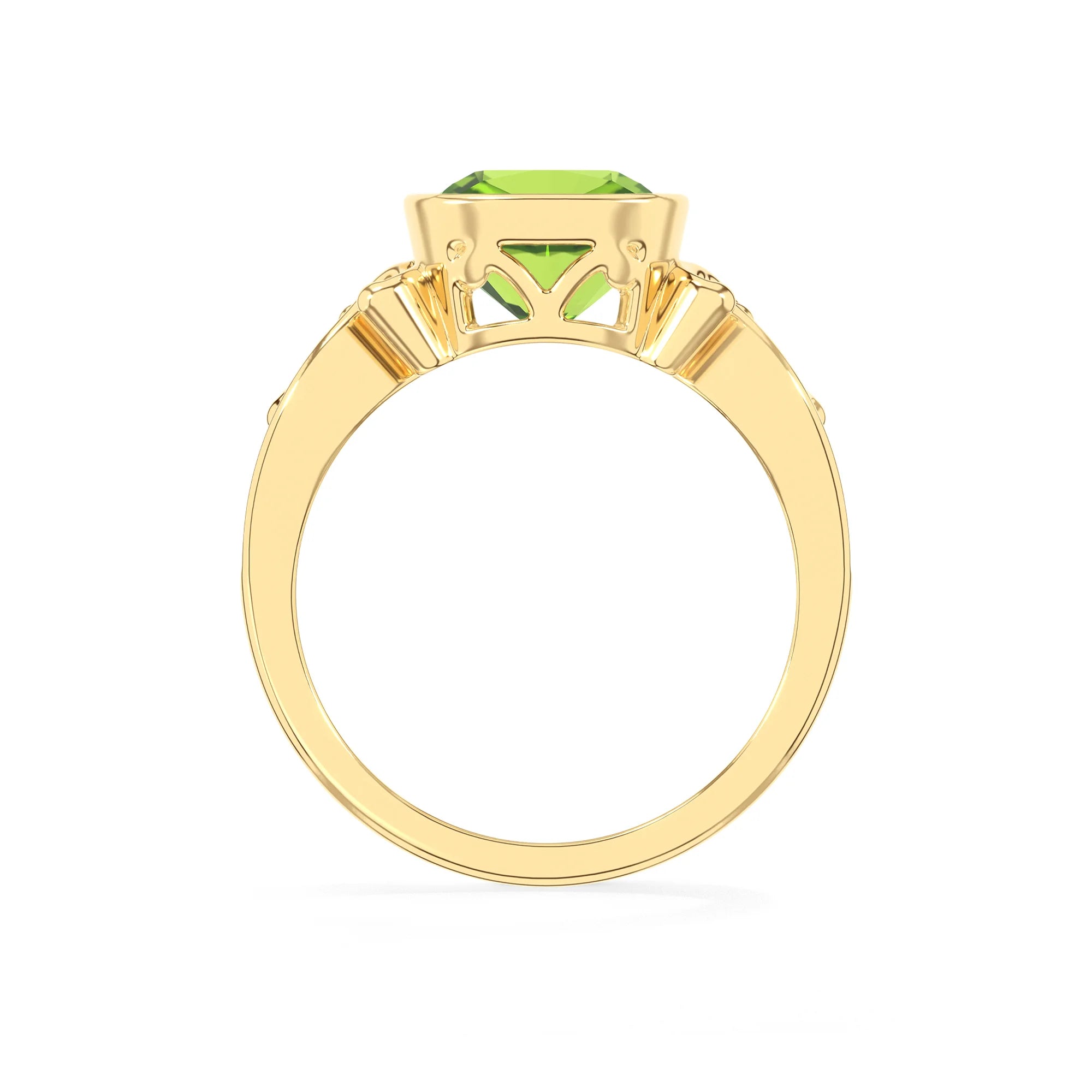 natural peridot cushion solitaire rings in yellow gold