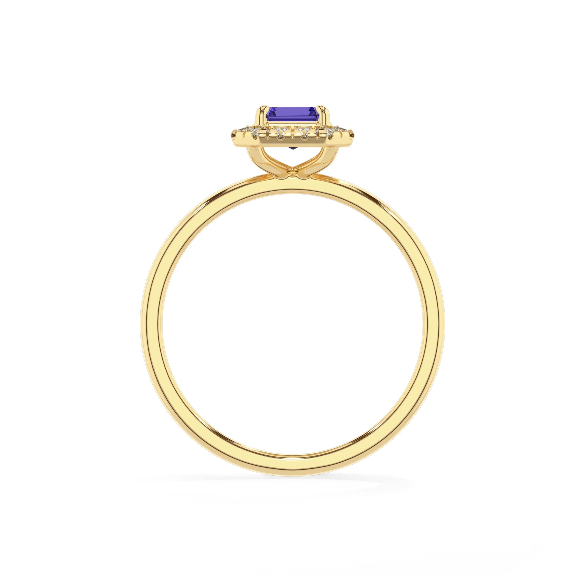 lab grown tanzanite emerald cut solitaire rings in yellow gold